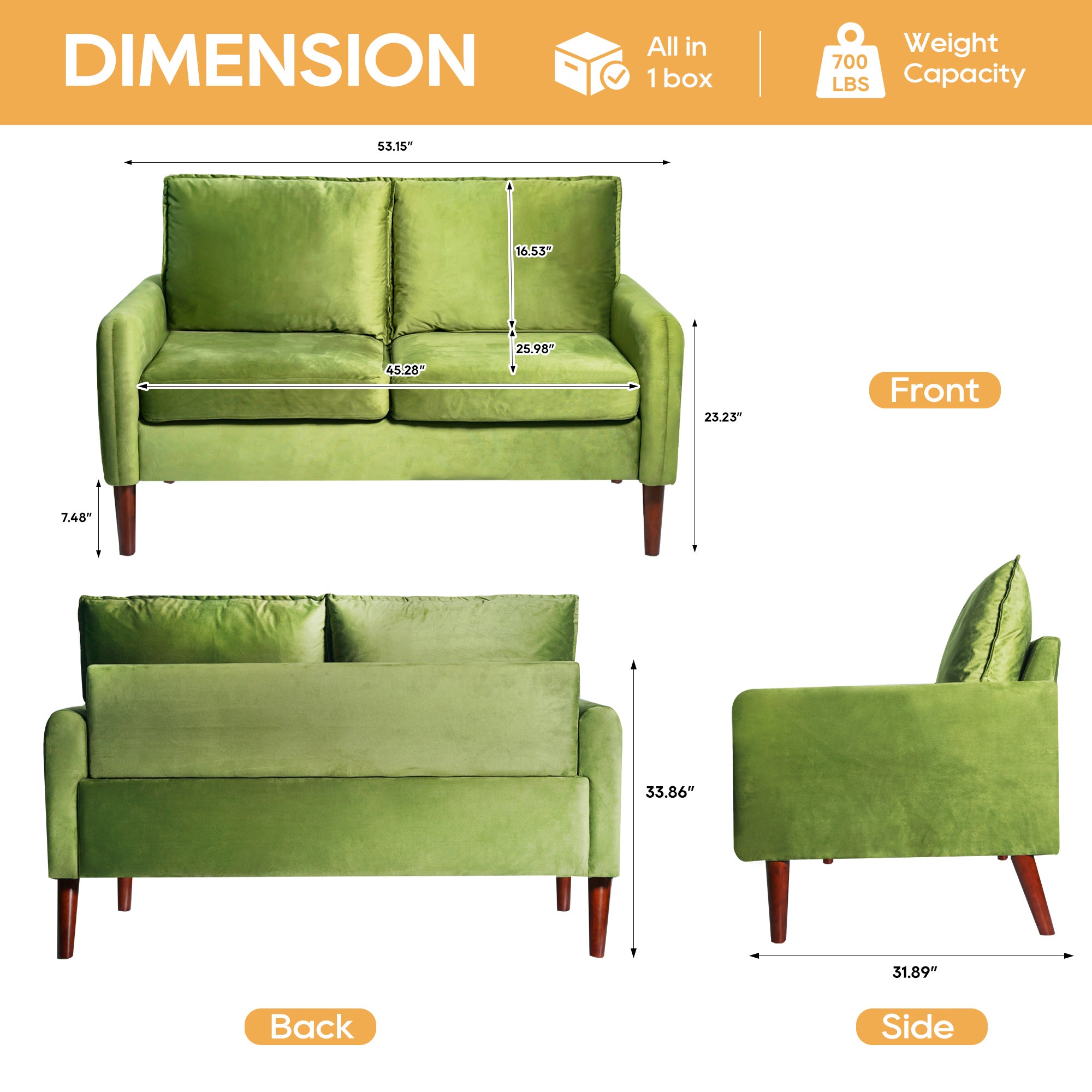 54" Velvet Sofa for Small Spaces, Modern Army Green Fabric Couch with Plush Comfort, Compact Living Room & Apartment Furniture, Easy to Clean and Space Saving Design