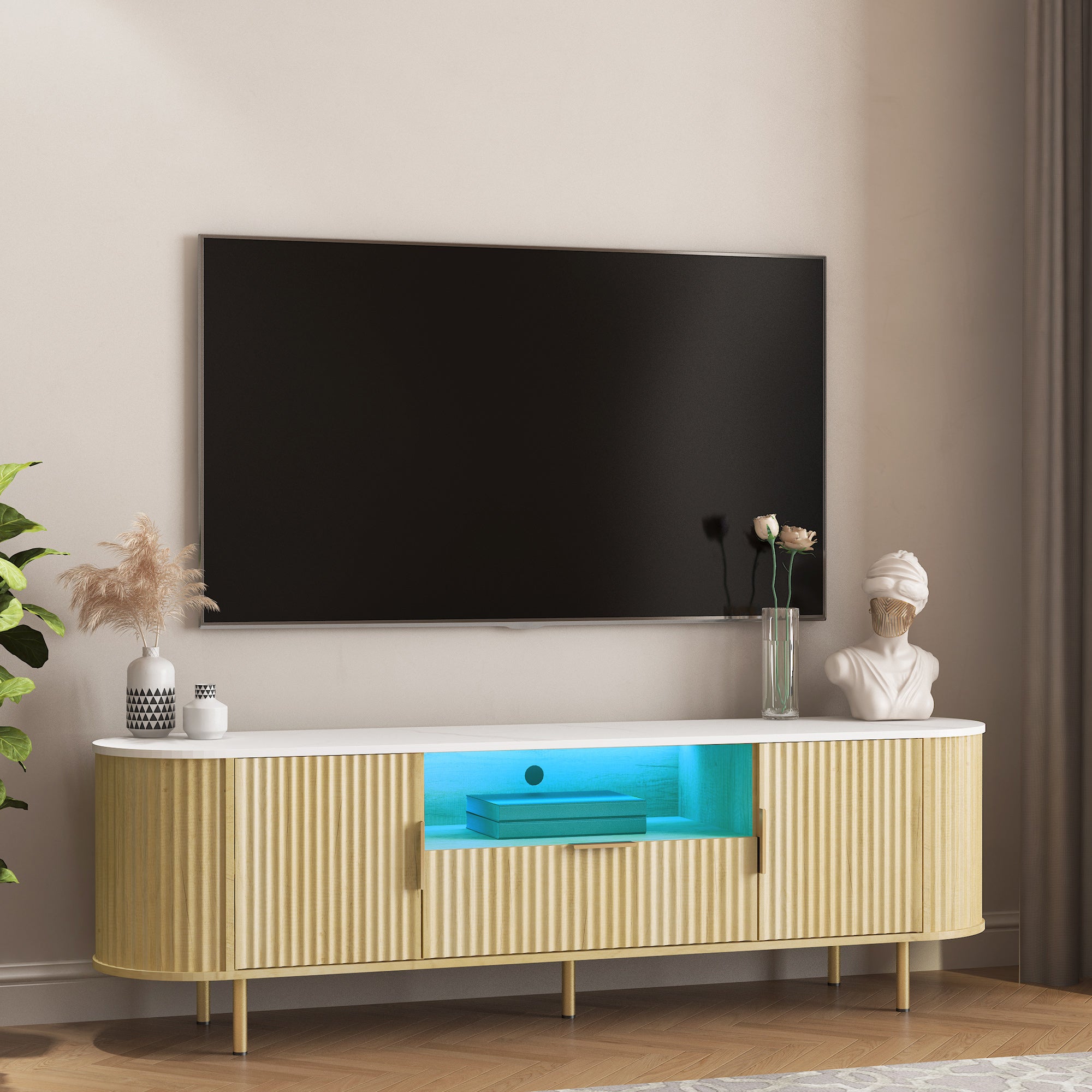 Living Room Floor-standing TV Cabinet with 16-Color LED Lights, Entertainment Center with Storage Doors, Media Console for 55+ Inch TV