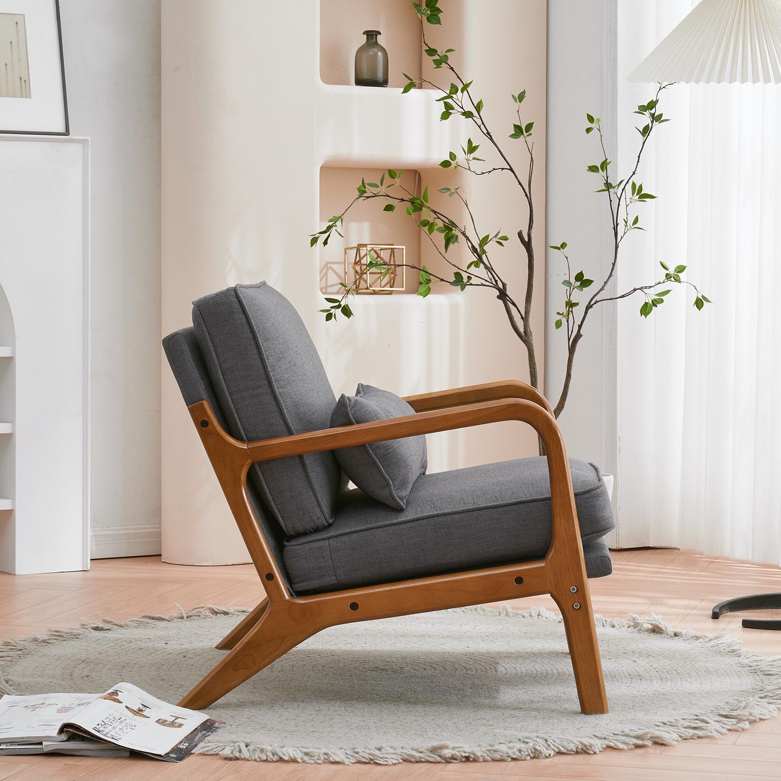 Oak Armrest Lounge Chair: Dark Grey Upholstered Mid-Century Modern Style