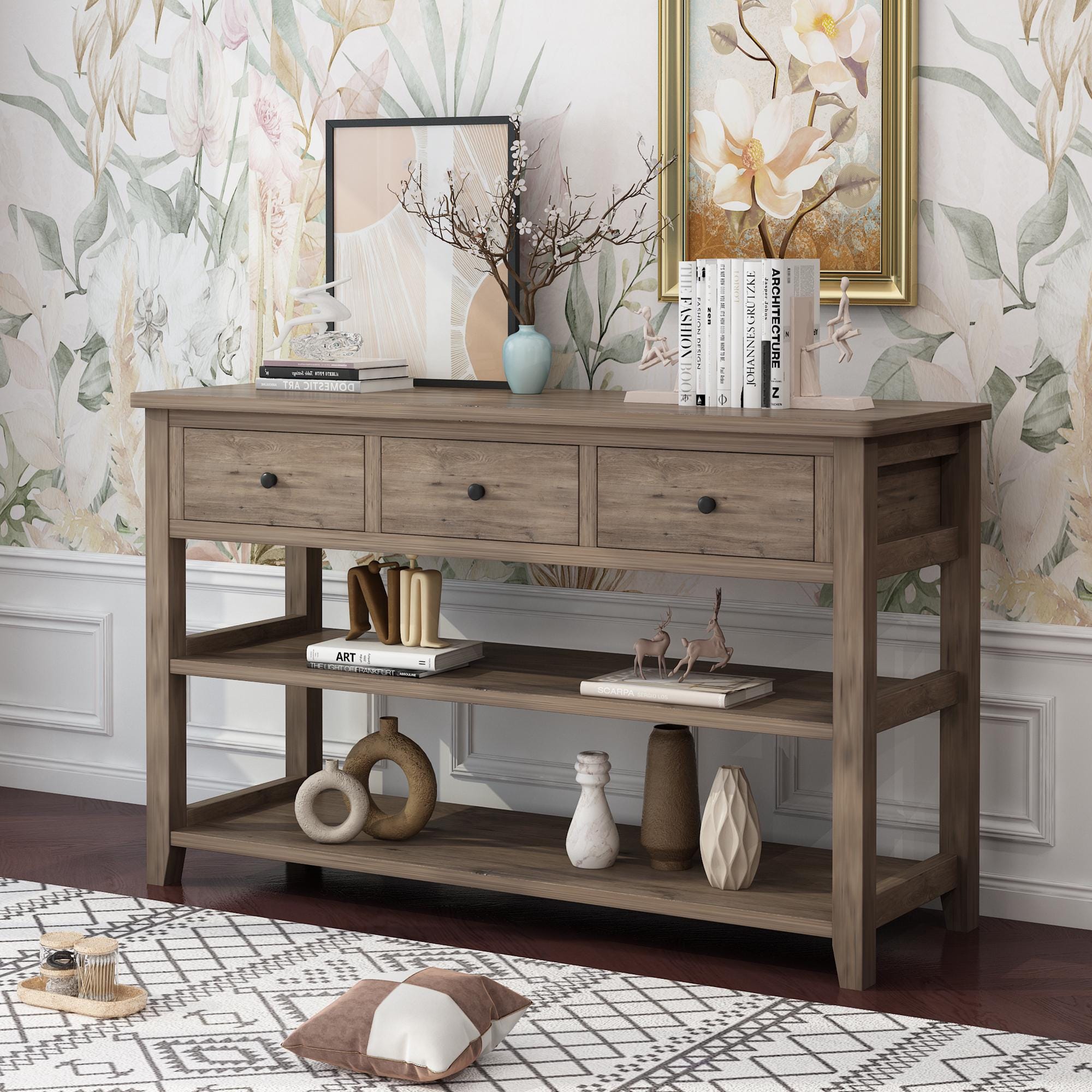 Wash Gray Console Table with 3 Drawers  2 Open Shelves, Sofa Table Entryway Table, Wood Frame Accent Table for Living Room & Bedroom