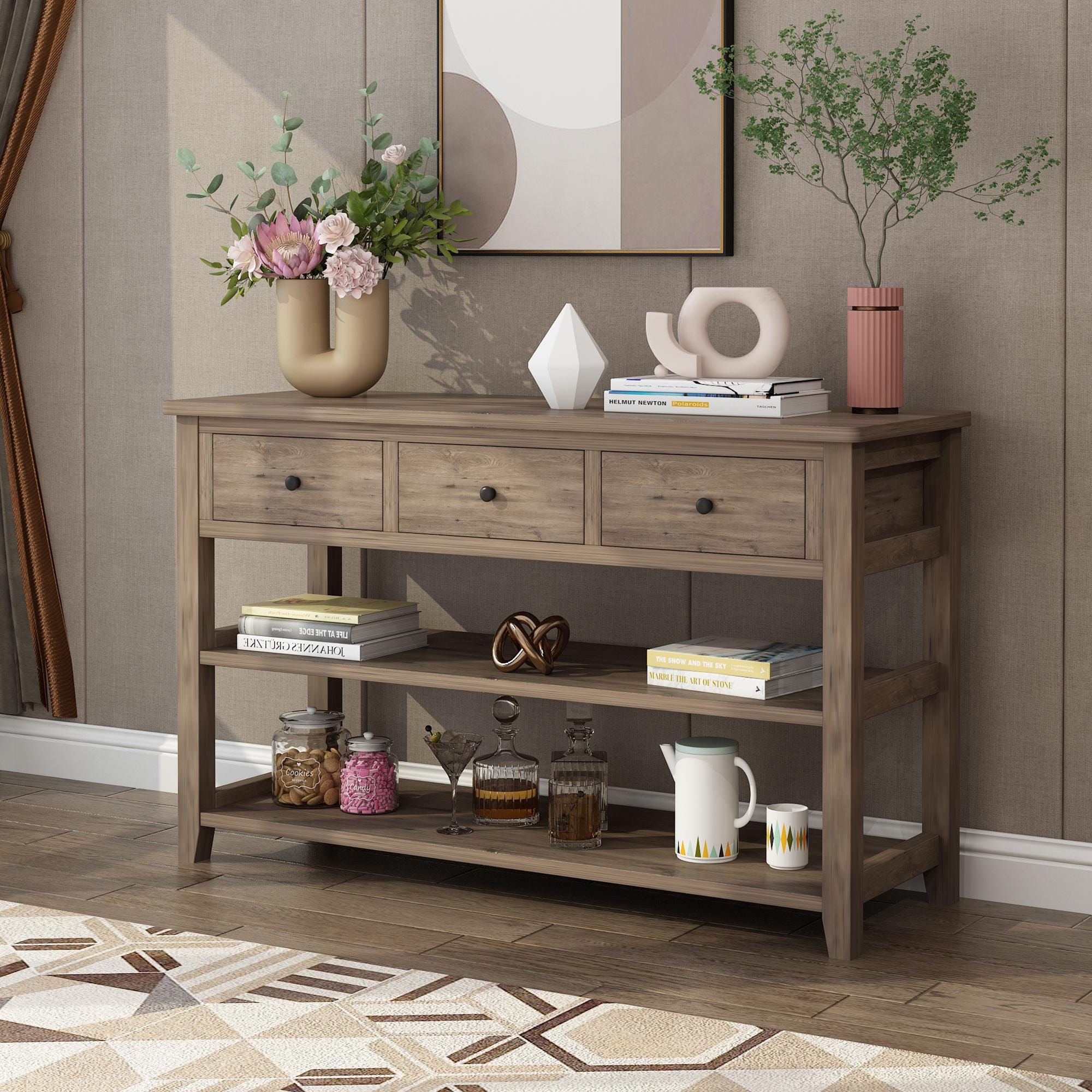Wash Gray Console Table with 3 Drawers  2 Open Shelves, Sofa Table Entryway Table, Wood Frame Accent Table for Living Room & Bedroom