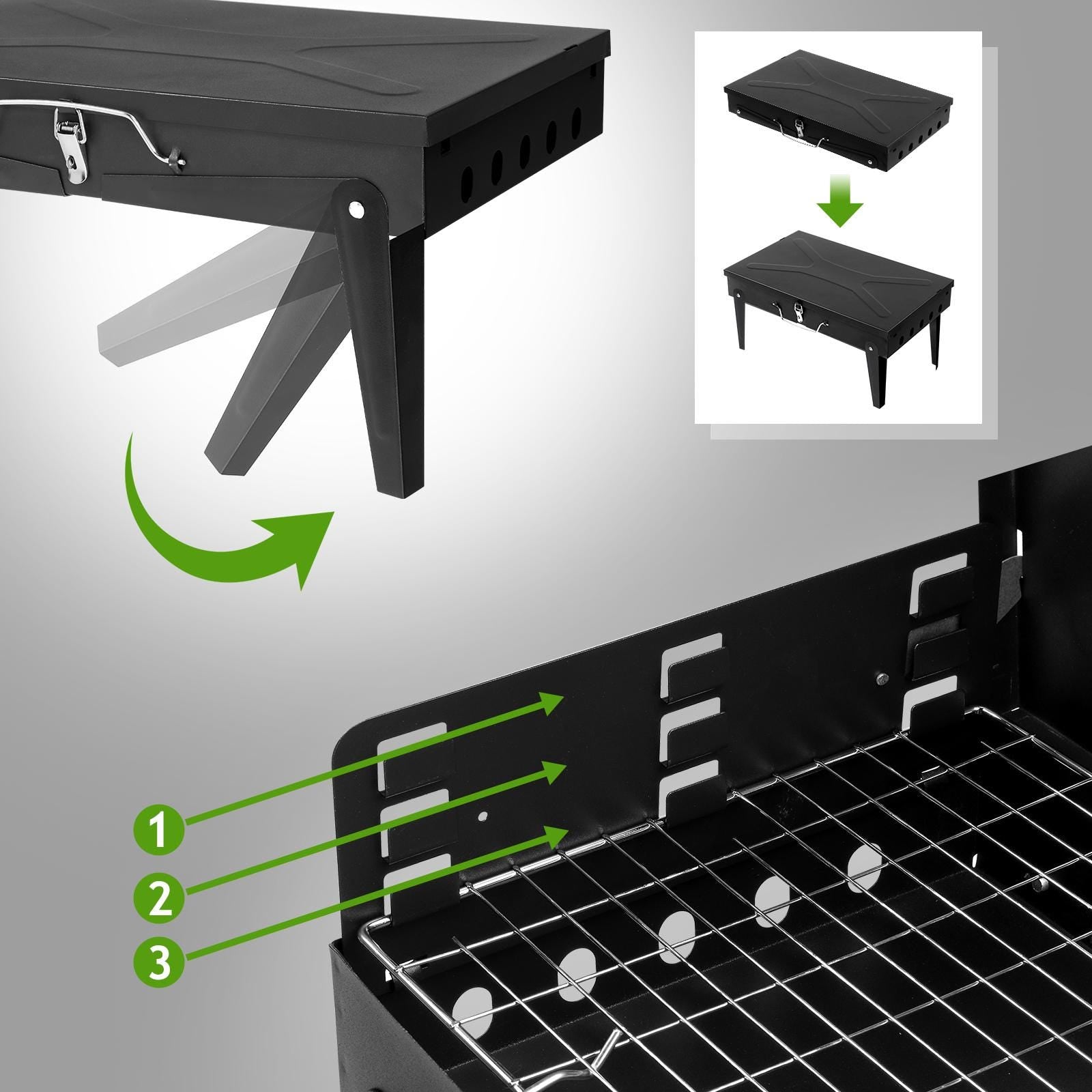 44x27x7cm Portable Charcoal Grill, Folding Outdoor BBQ Grill with Lid, Adjustable Height, Cast Iron Travel, Black