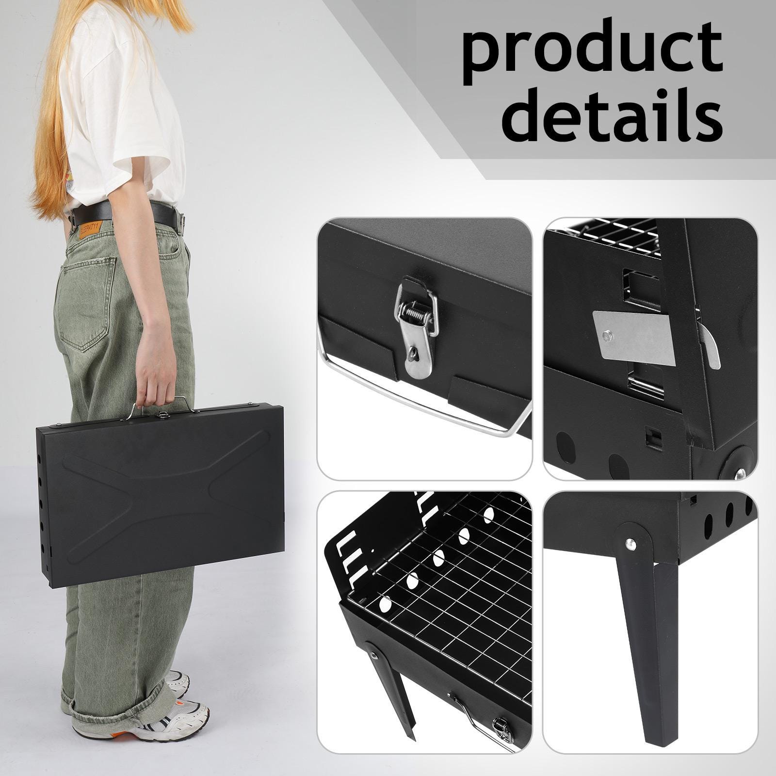 44x27x7cm Portable Charcoal Grill, Folding Outdoor BBQ Grill with Lid, Adjustable Height, Cast Iron Travel, Black
