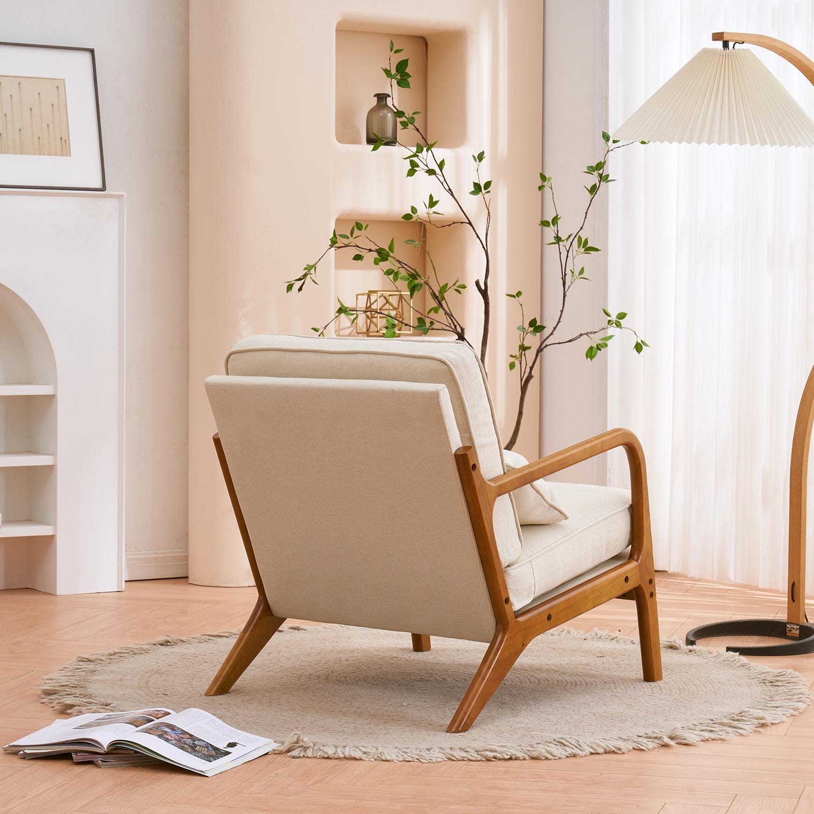 Off-White Linen Lounge Chair, Oak Armrest, Mid-Century Modern Accent