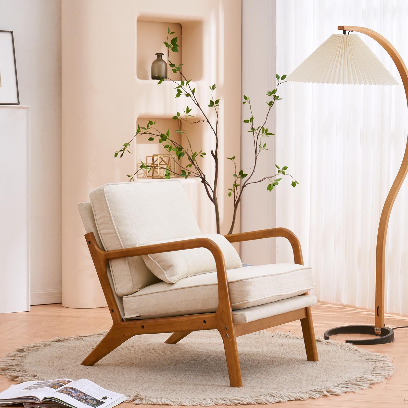 Off-White Linen Lounge Chair, Oak Armrest, Mid-Century Modern Accent