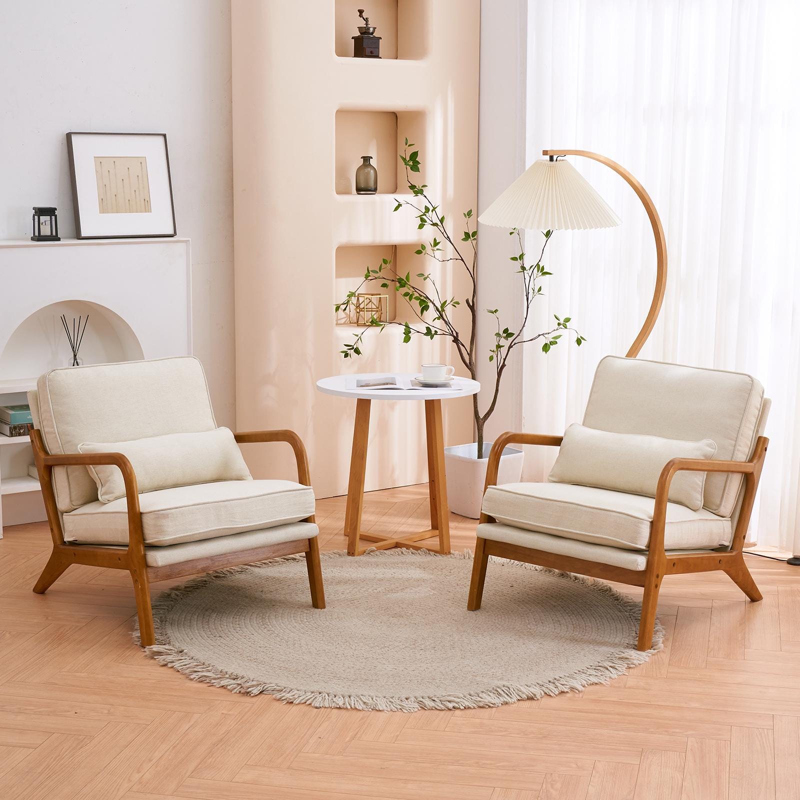 Off-White Linen Lounge Chair, Oak Armrest, Mid-Century Modern Accent