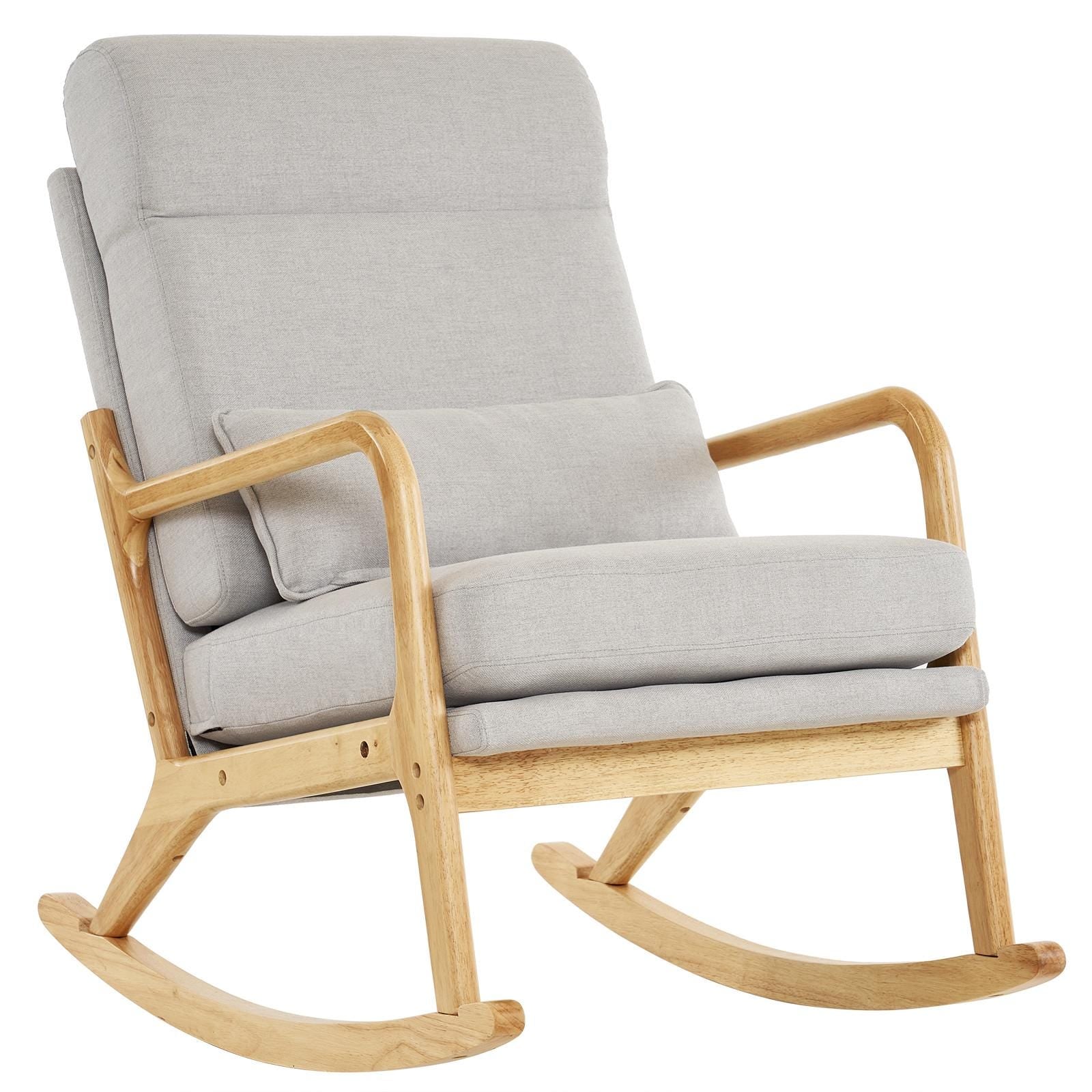 High Back Light Gray Rocking Chair with Solid Wood Armrest, Iron Frame, Linen Upholstered Seat, Dual-Use Indoor Armchair with Lumbar Pillow