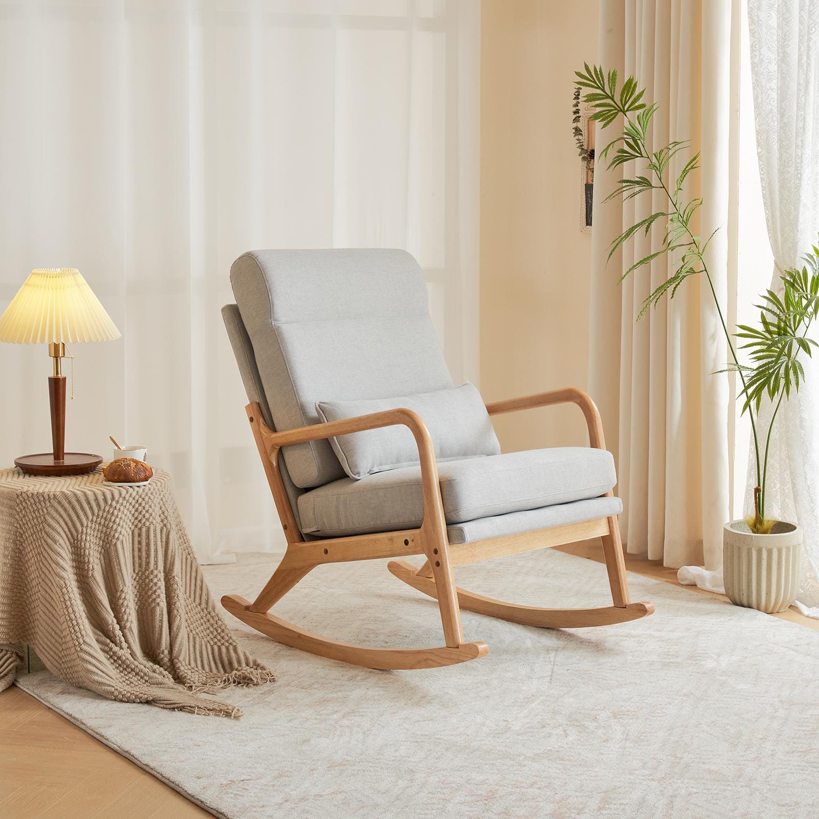 High Back Light Gray Rocking Chair with Solid Wood Armrest, Iron Frame, Linen Upholstered Seat, Dual-Use Indoor Armchair with Lumbar Pillow