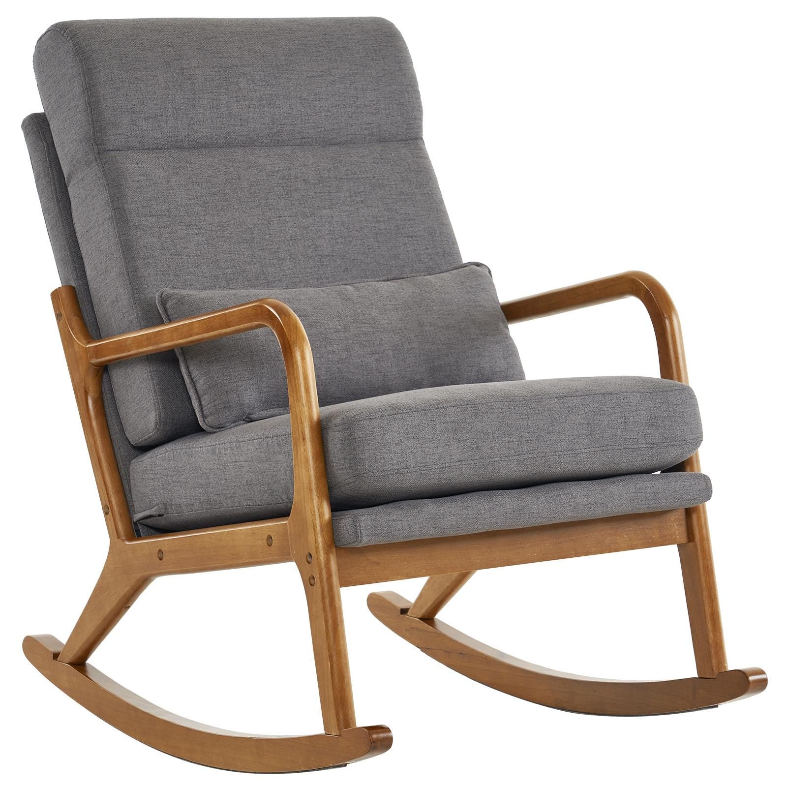 High Back Dark Gray Rocking with Solid Wood Armrest, Iron Frame, Linen Upholstered Seat, Dual-Use Indoor Armchair with Lumbar Pillow