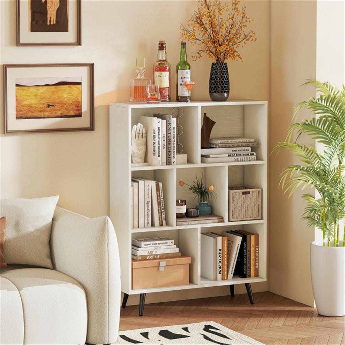7 Cube 3 Tier Modern Bookcase White Bookshelf Storage Organizer with Metal Legs for Living Room Office Bedroom Home Decor