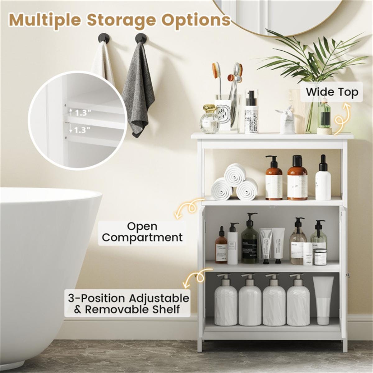 White MDF Bathroom Floor Cabinet with Adjustable Shelves