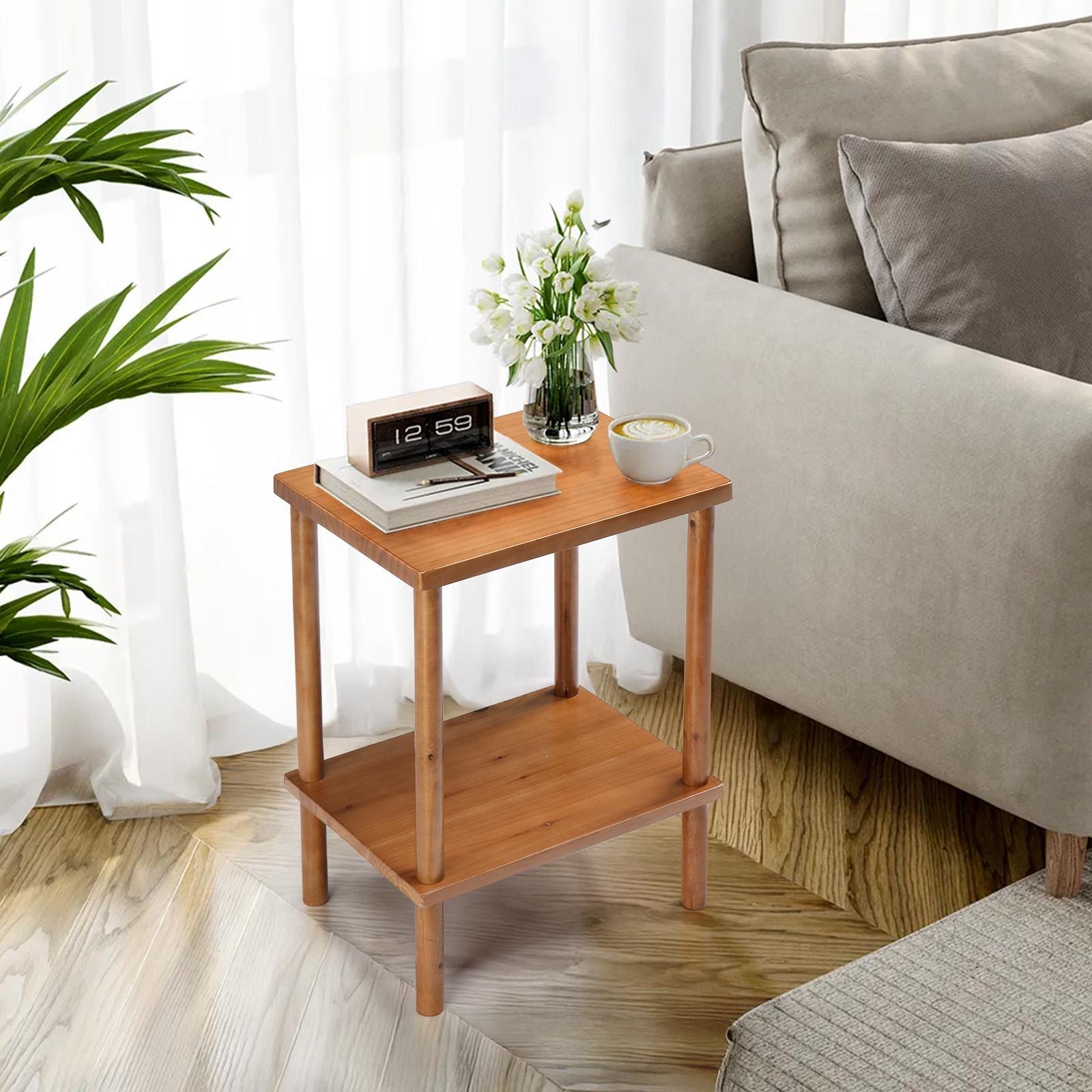 2 Tier Wood End Table Outdoor Side Table Teak Finish | Patio Coffee Table with Storage Shelf | Weather Resistant Accent Table