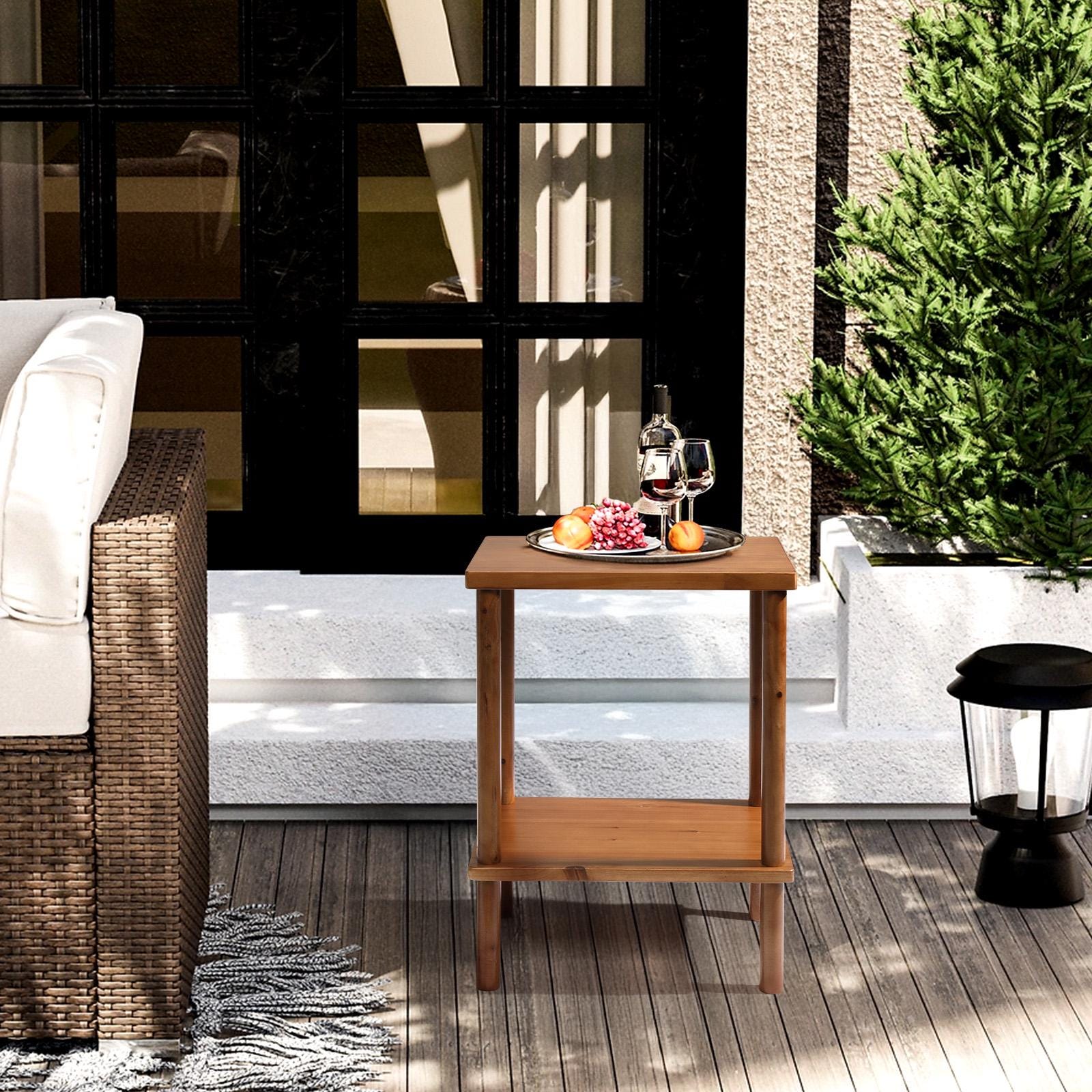 2 Tier Wood End Table Outdoor Side Table Teak Finish | Patio Coffee Table with Storage Shelf | Weather Resistant Accent Table