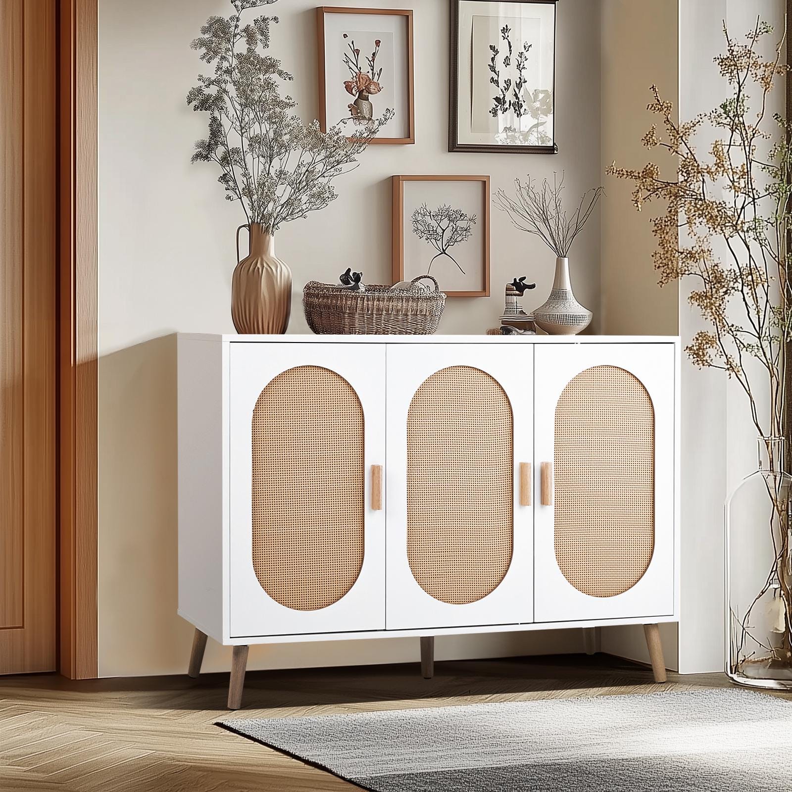 3-Door Vertical Shoe Cabinet with Rattan Finish & Gold Legs – Modern Entryway Organizer