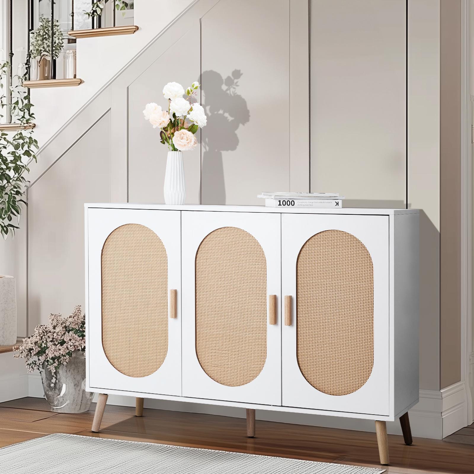 3-Door Vertical Shoe Cabinet with Rattan Finish & Gold Legs – Modern Entryway Organizer