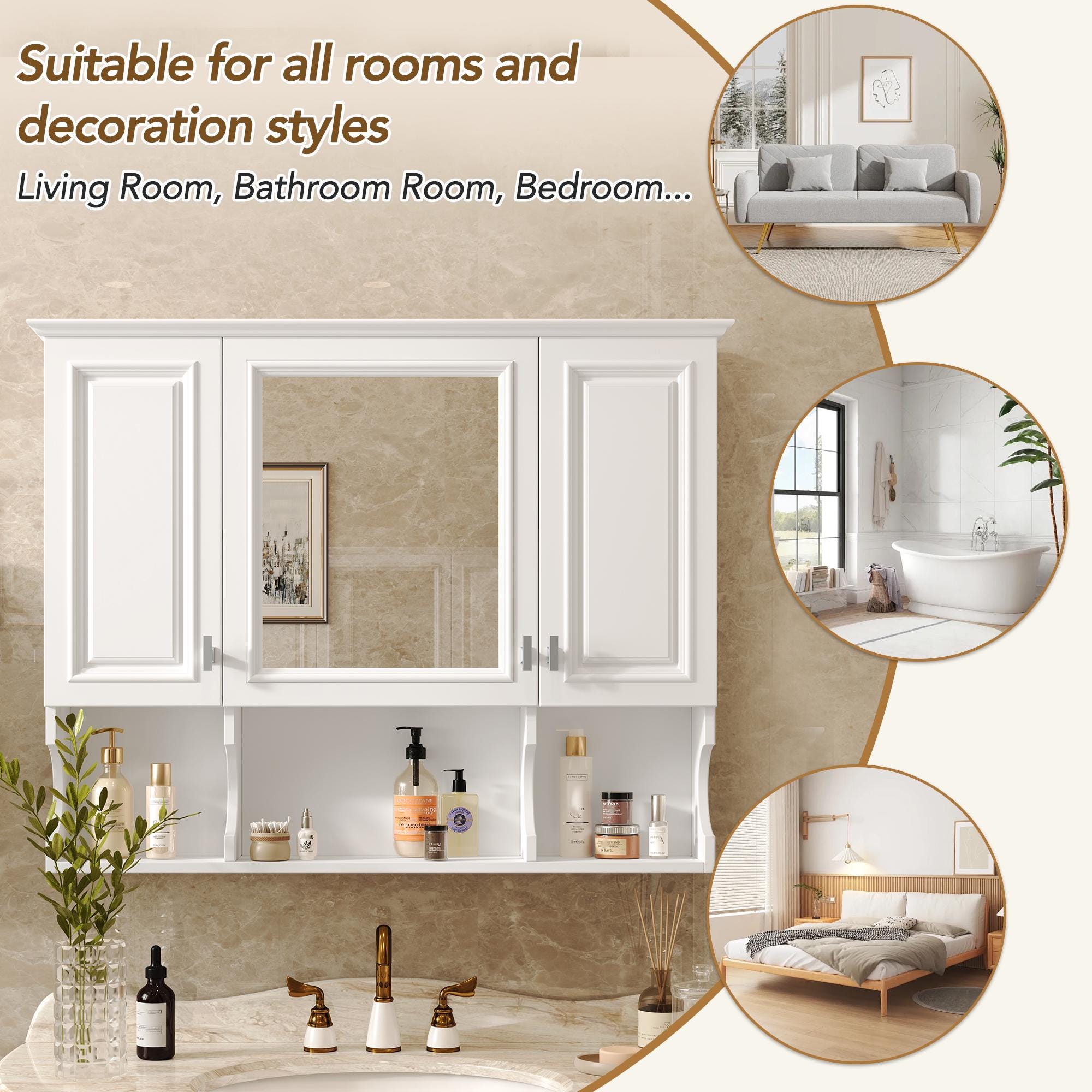 35x28 Wall Mounted Bathroom Medicine Cabinet with Mirror & Open Shelves | White MDF Modern Vanity Mirror Cabinet Storage Organizer