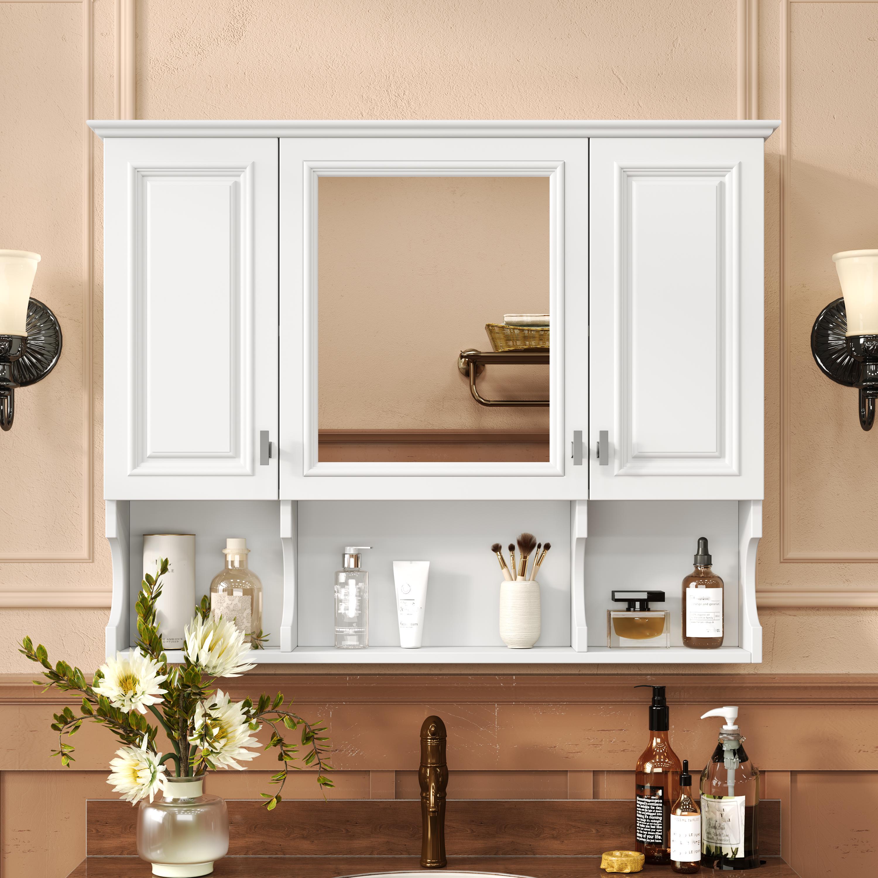 35x28 Wall Mounted Bathroom Medicine Cabinet with Mirror & Open Shelves | White MDF Modern Vanity Mirror Cabinet Storage Organizer