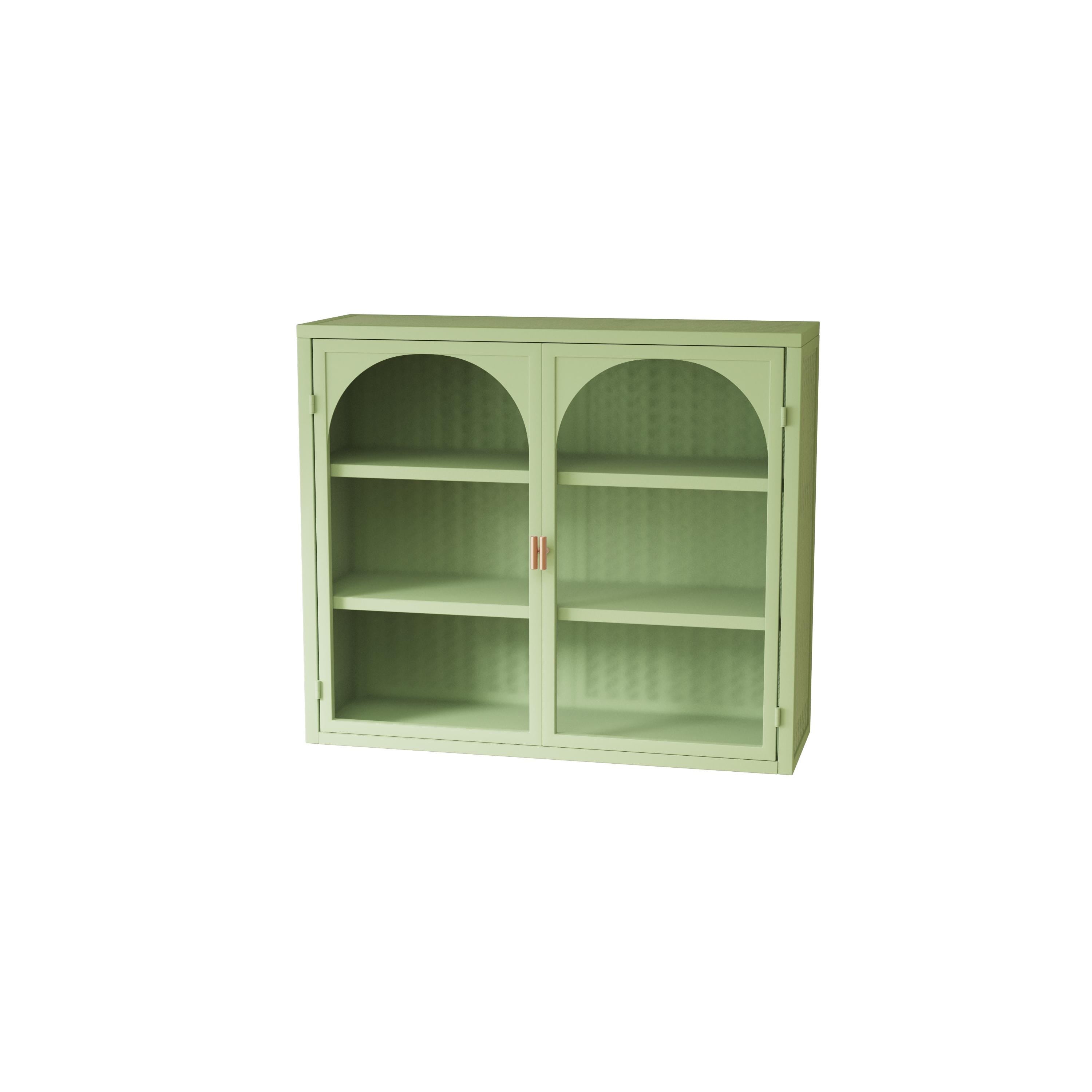 27.56" Two-Door Wall Cabinet with Glass Doors & Woven Pattern | Modern Three-Tier Storage for Entryway Living Room Bathroom Green