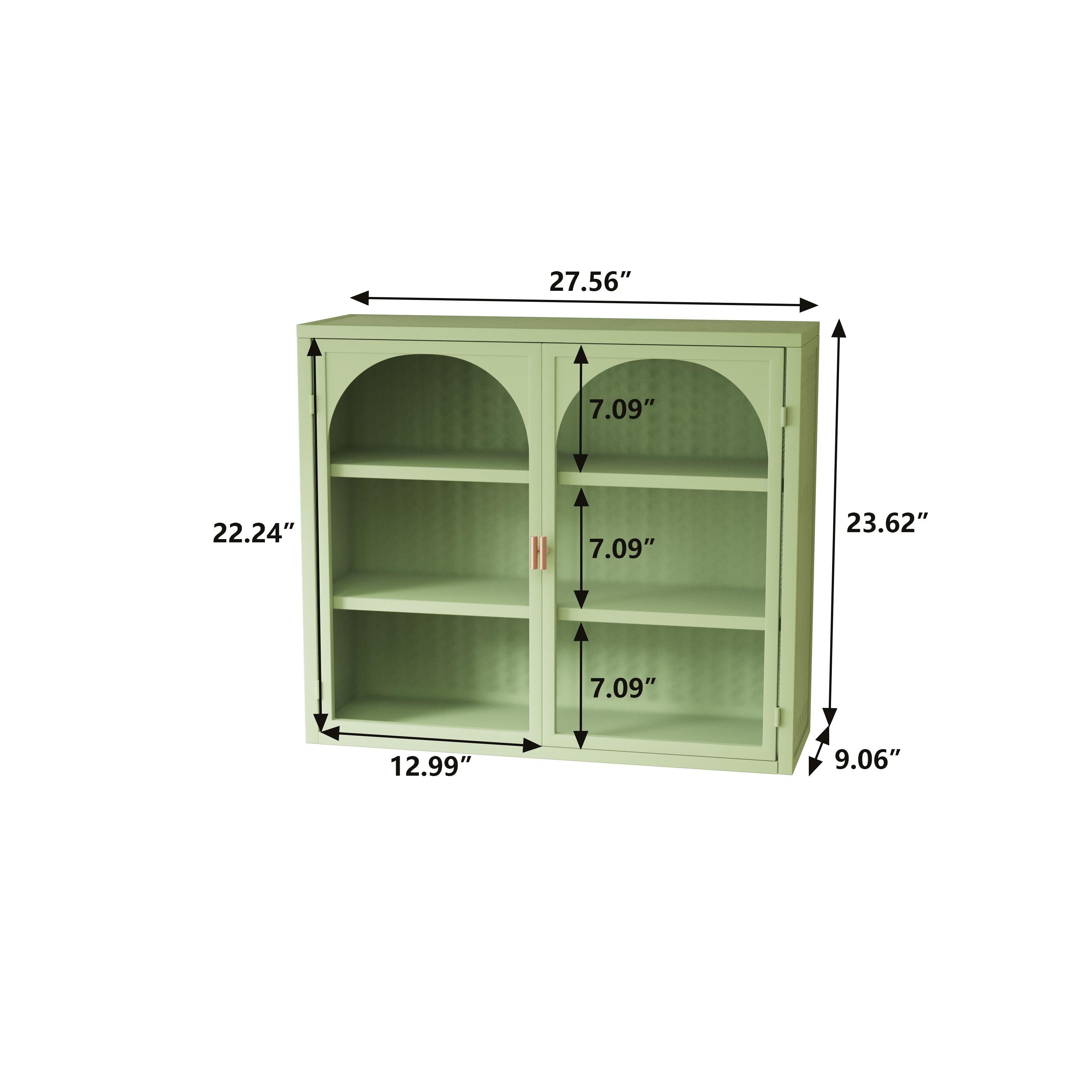 27.56" Two-Door Wall Cabinet with Glass Doors & Woven Pattern | Modern Three-Tier Storage for Entryway Living Room Bathroom Green