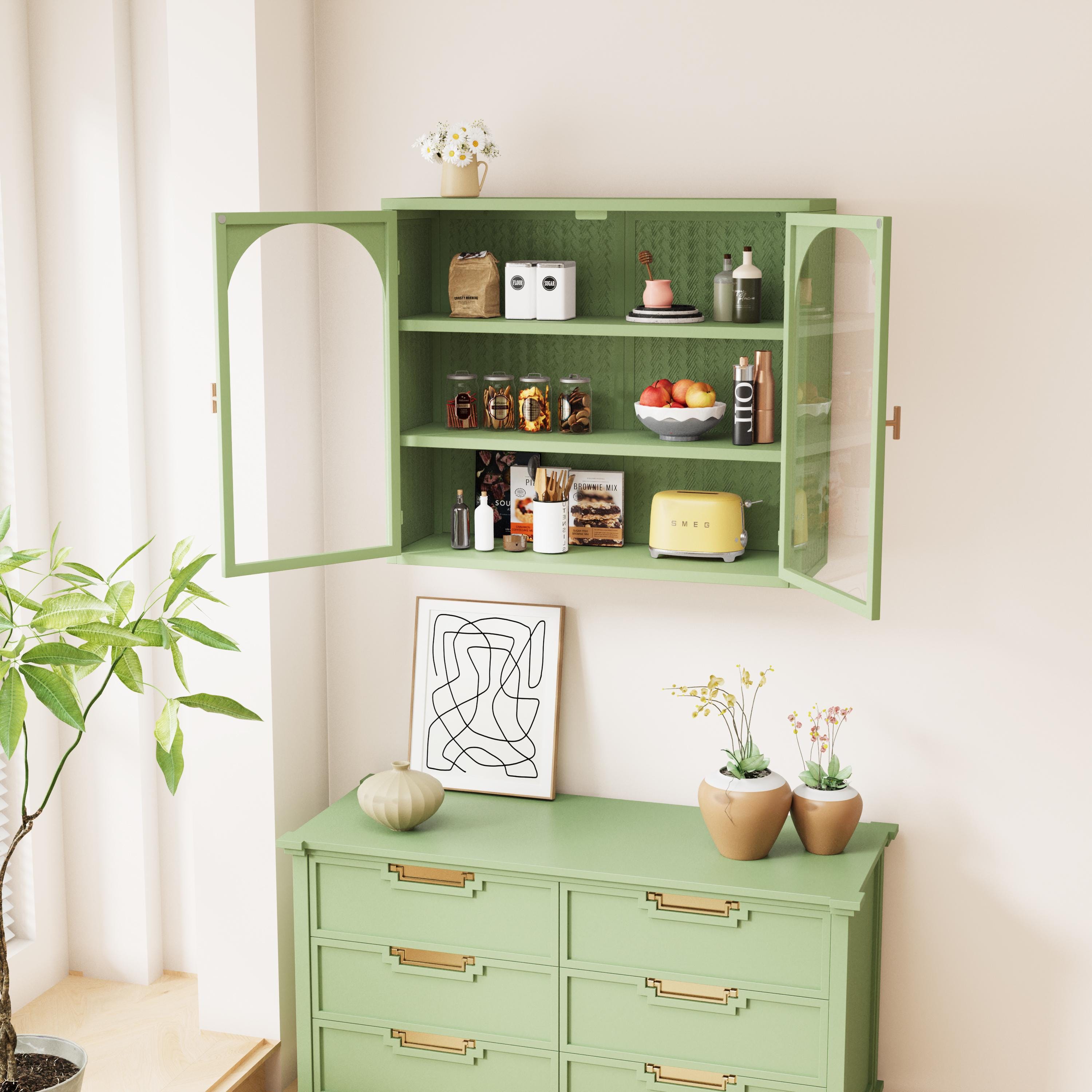 27.56" Two-Door Wall Cabinet with Glass Doors & Woven Pattern | Modern Three-Tier Storage for Entryway Living Room Bathroom Green