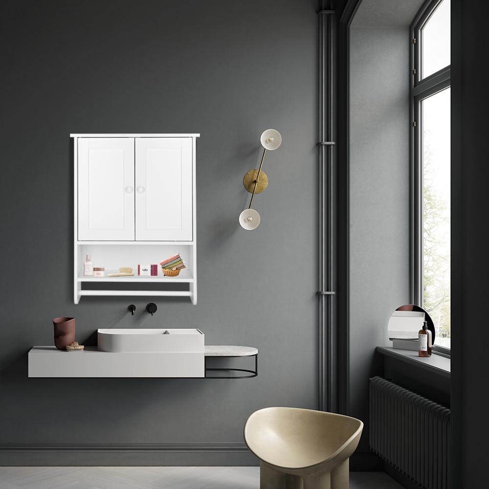 White Wall Hanging Bathroom Cabinet 65x48cm | Two-Door MDF Wall Storage Shelf with Open Space for Washroom or Bedroom Organization