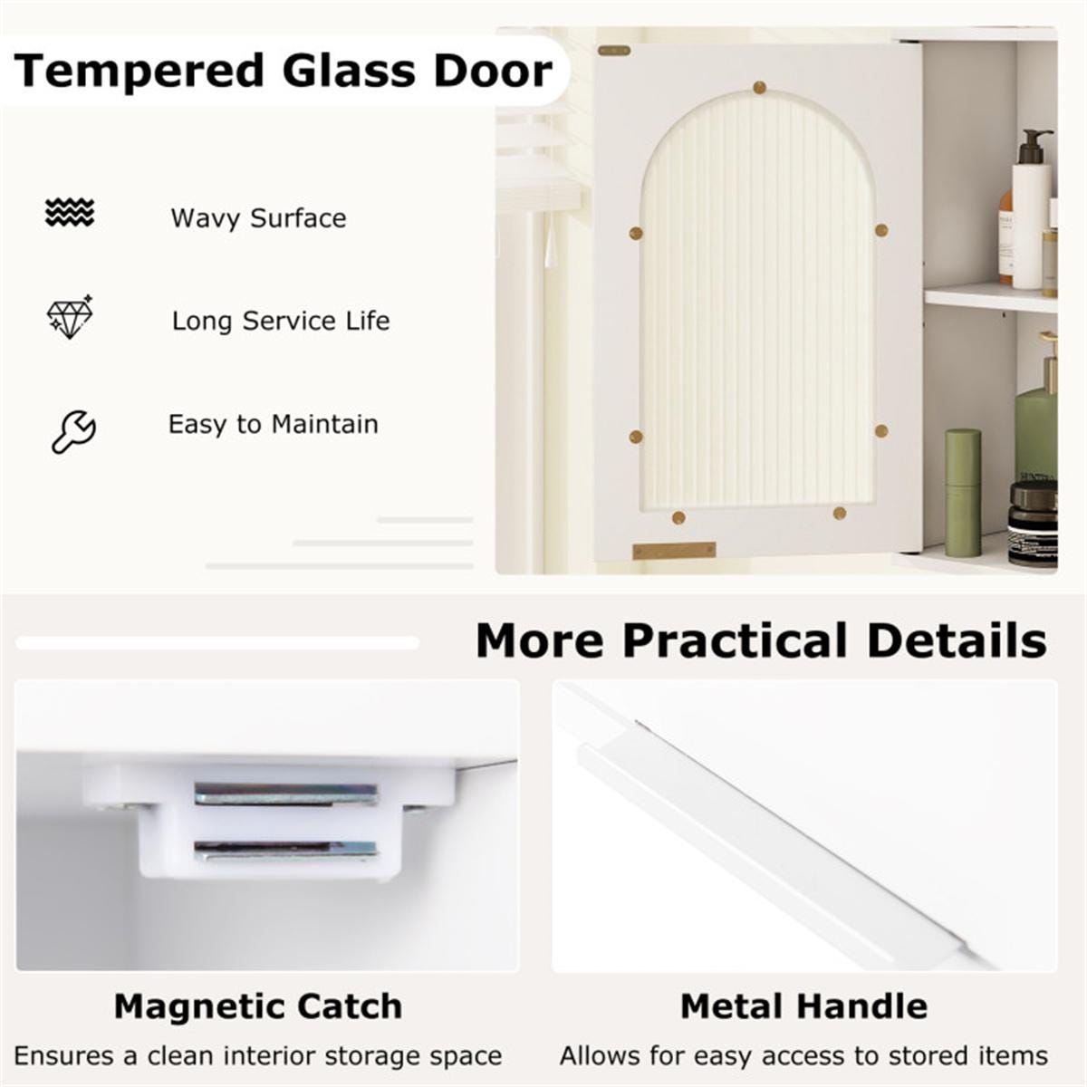 White Wall-Mounted Bathroom Medicine Cabinet | Wavy Tempered Glass Door Storage with Adjustable Shelves & Modern MDF Design