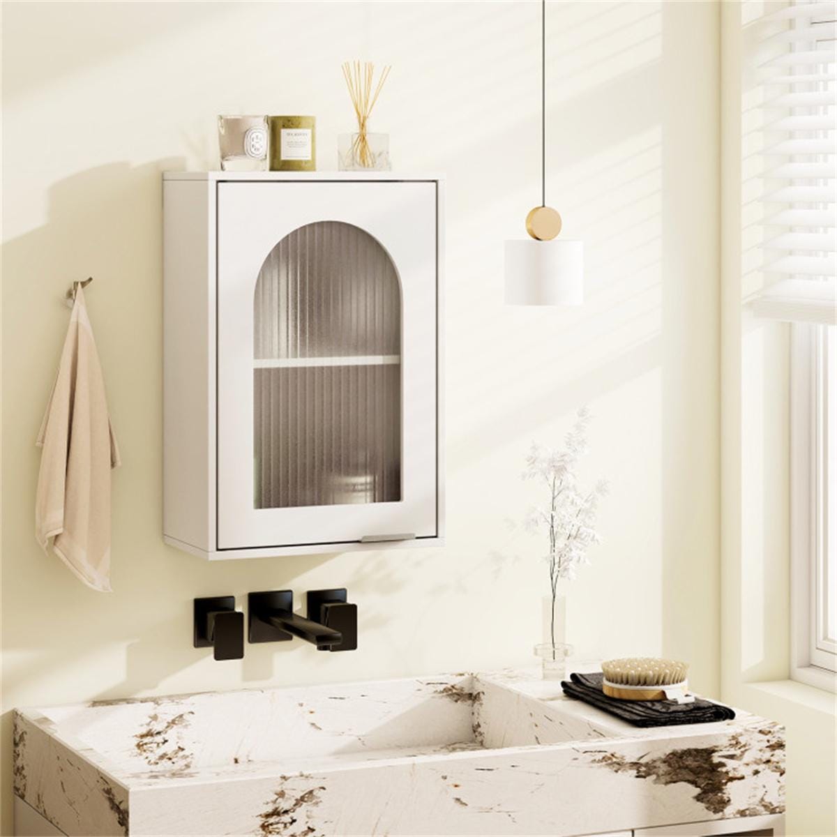 White Wall-Mounted Bathroom Medicine Cabinet | Wavy Tempered Glass Door Storage with Adjustable Shelves & Modern MDF Design