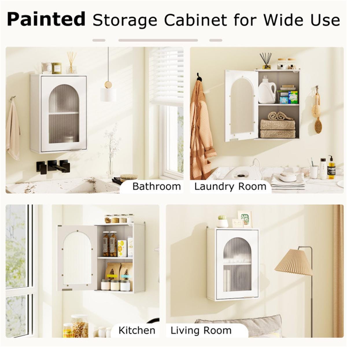 White Wall-Mounted Bathroom Medicine Cabinet | Wavy Tempered Glass Door Storage with Adjustable Shelves & Modern MDF Design