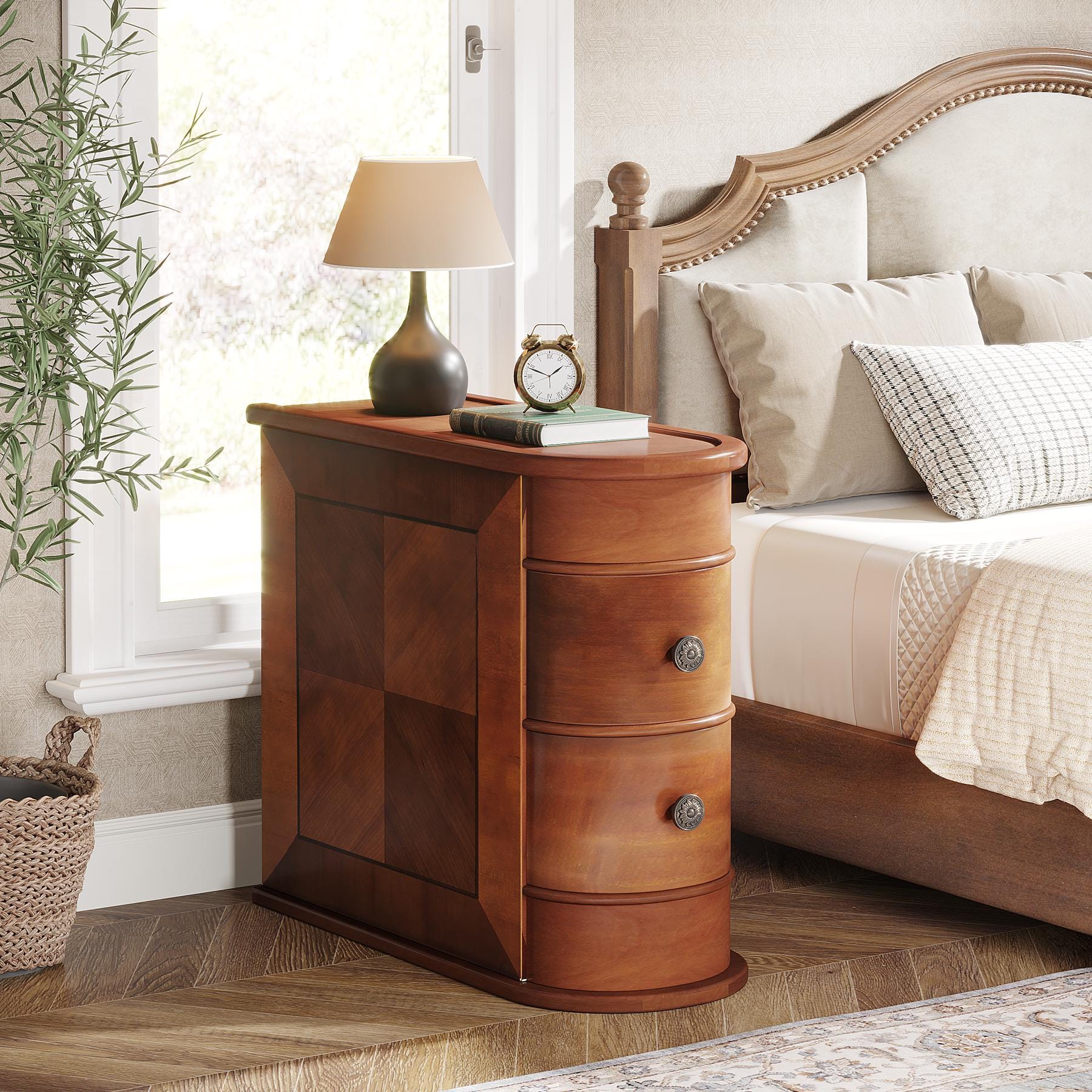 Solid Wood Bedside Table with 2 Drawers | No Assembly Nightstand | Oak Bedroom Side Table | Classic Wooden End Table for Living Room