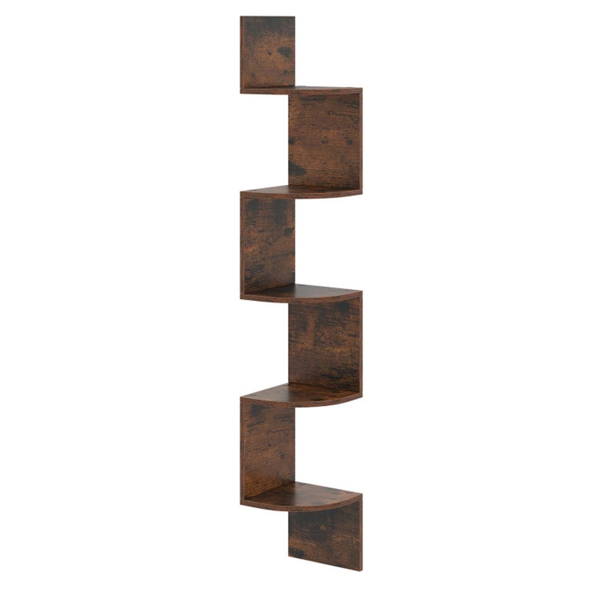 5-Tier Wall Mounted Corner Shelf Rustic Brown | Floating Bookshelf Organizer for Living Room, Bedroom, Kitchen, Office Storage