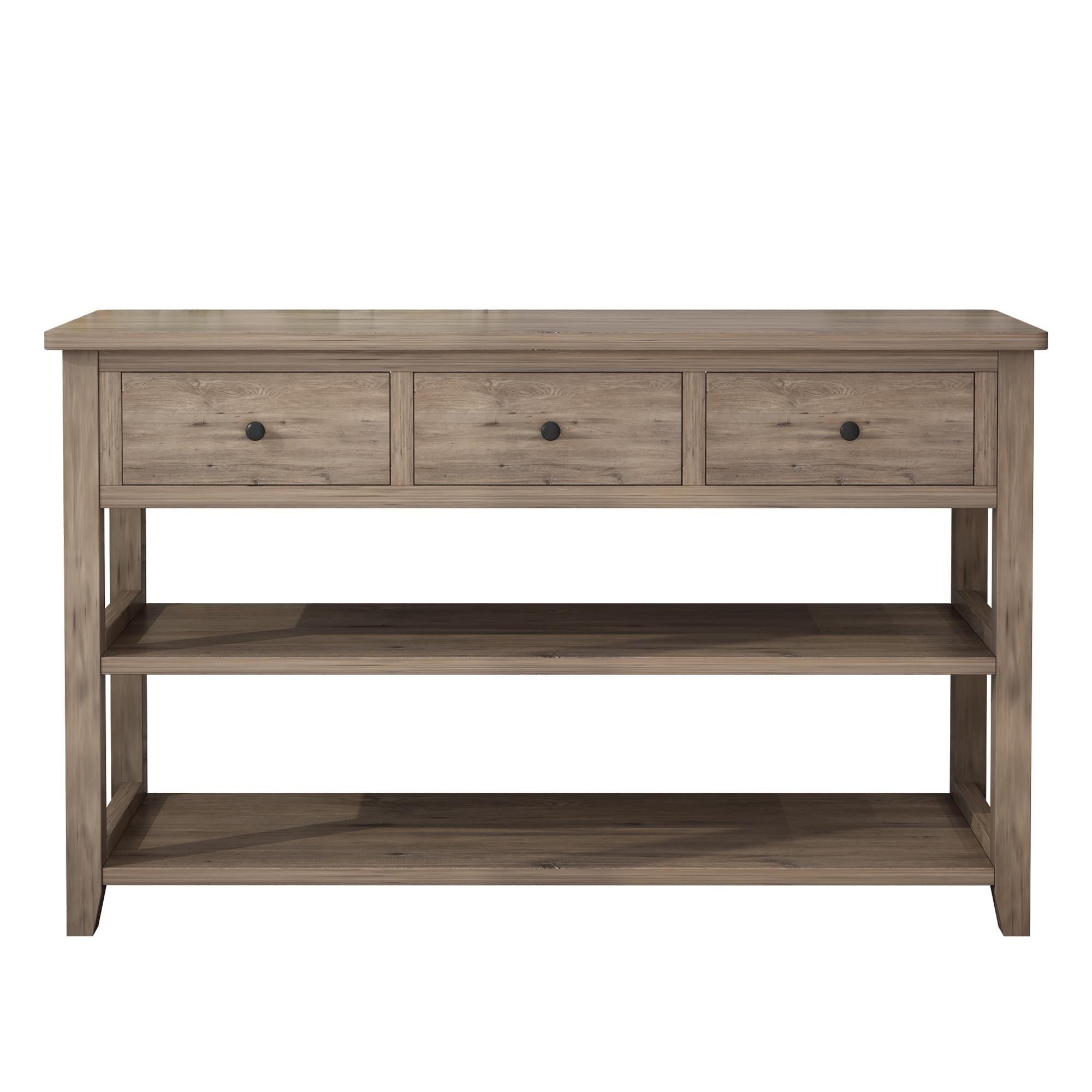 Wash Gray Console Table with 3 Drawers  2 Open Shelves, Sofa Table Entryway Table, Wood Frame Accent Table for Living Room & Bedroom