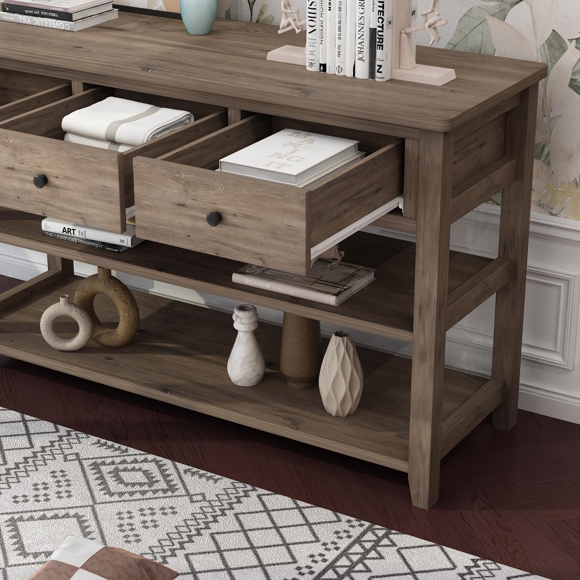 Wash Gray Console Table with 3 Drawers  2 Open Shelves, Sofa Table Entryway Table, Wood Frame Accent Table for Living Room & Bedroom
