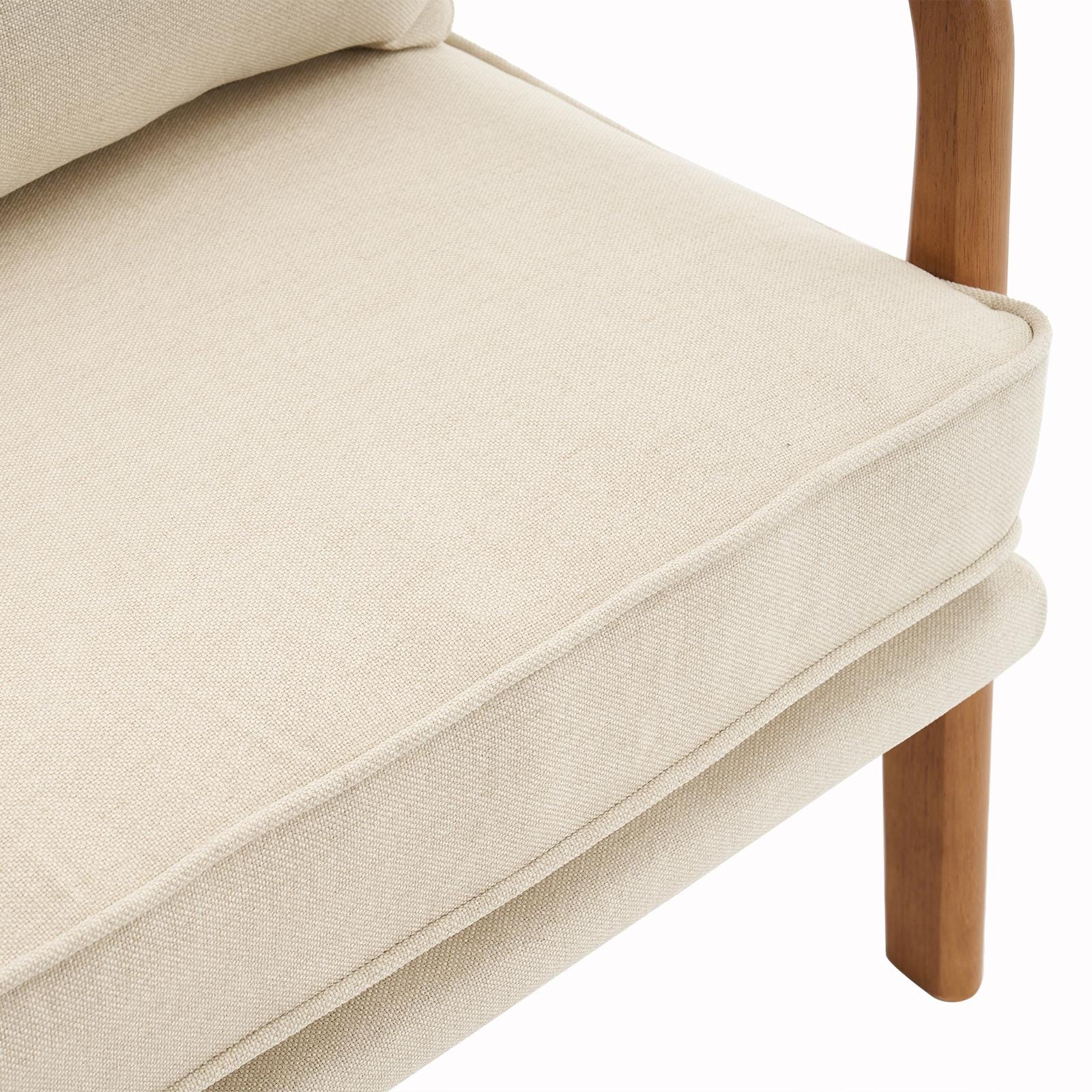 Off-White Linen Lounge Chair, Oak Armrest, Mid-Century Modern Accent