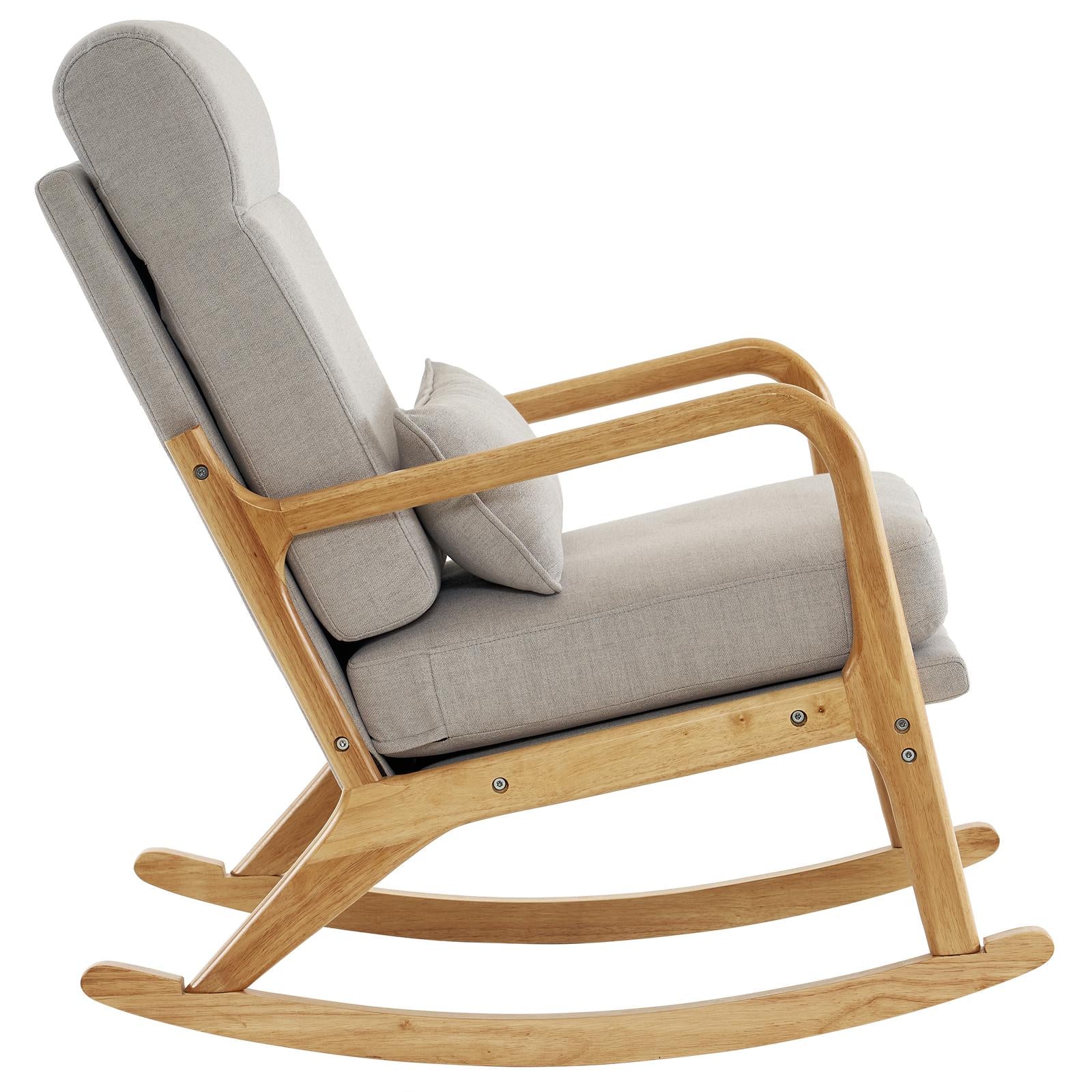 High Back Light Gray Rocking Chair with Solid Wood Armrest, Iron Frame, Linen Upholstered Seat, Dual-Use Indoor Armchair with Lumbar Pillow