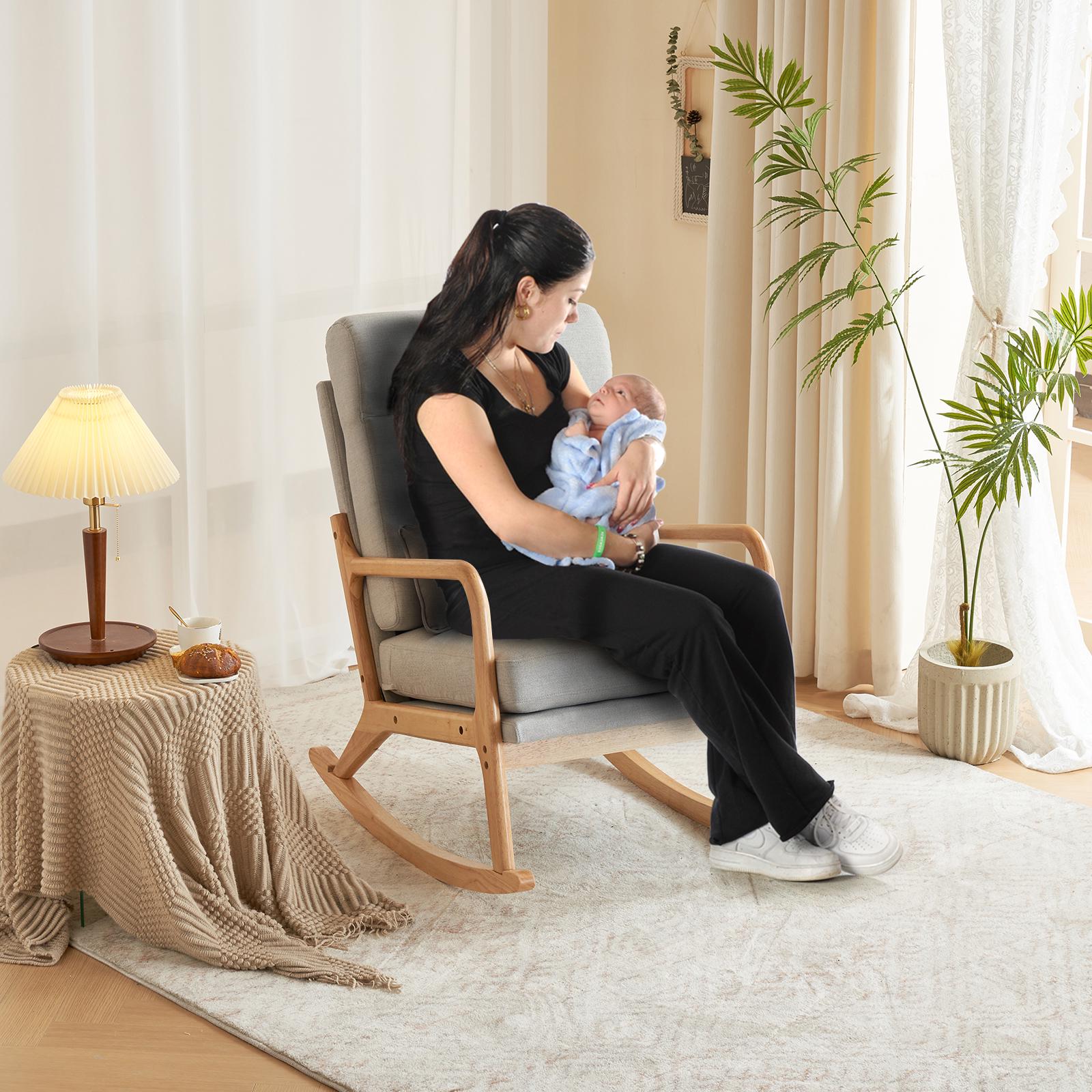 High Back Light Gray Rocking Chair with Solid Wood Armrest, Iron Frame, Linen Upholstered Seat, Dual-Use Indoor Armchair with Lumbar Pillow