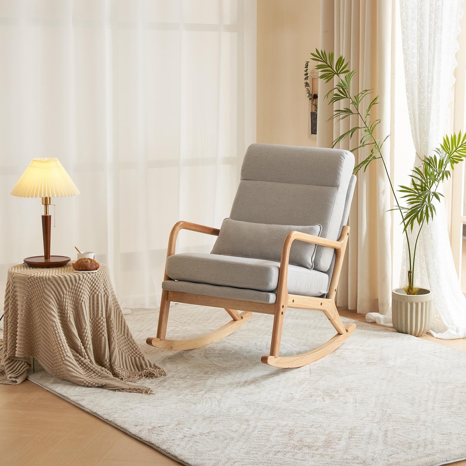 High Back Light Gray Rocking Chair with Solid Wood Armrest, Iron Frame, Linen Upholstered Seat, Dual-Use Indoor Armchair with Lumbar Pillow