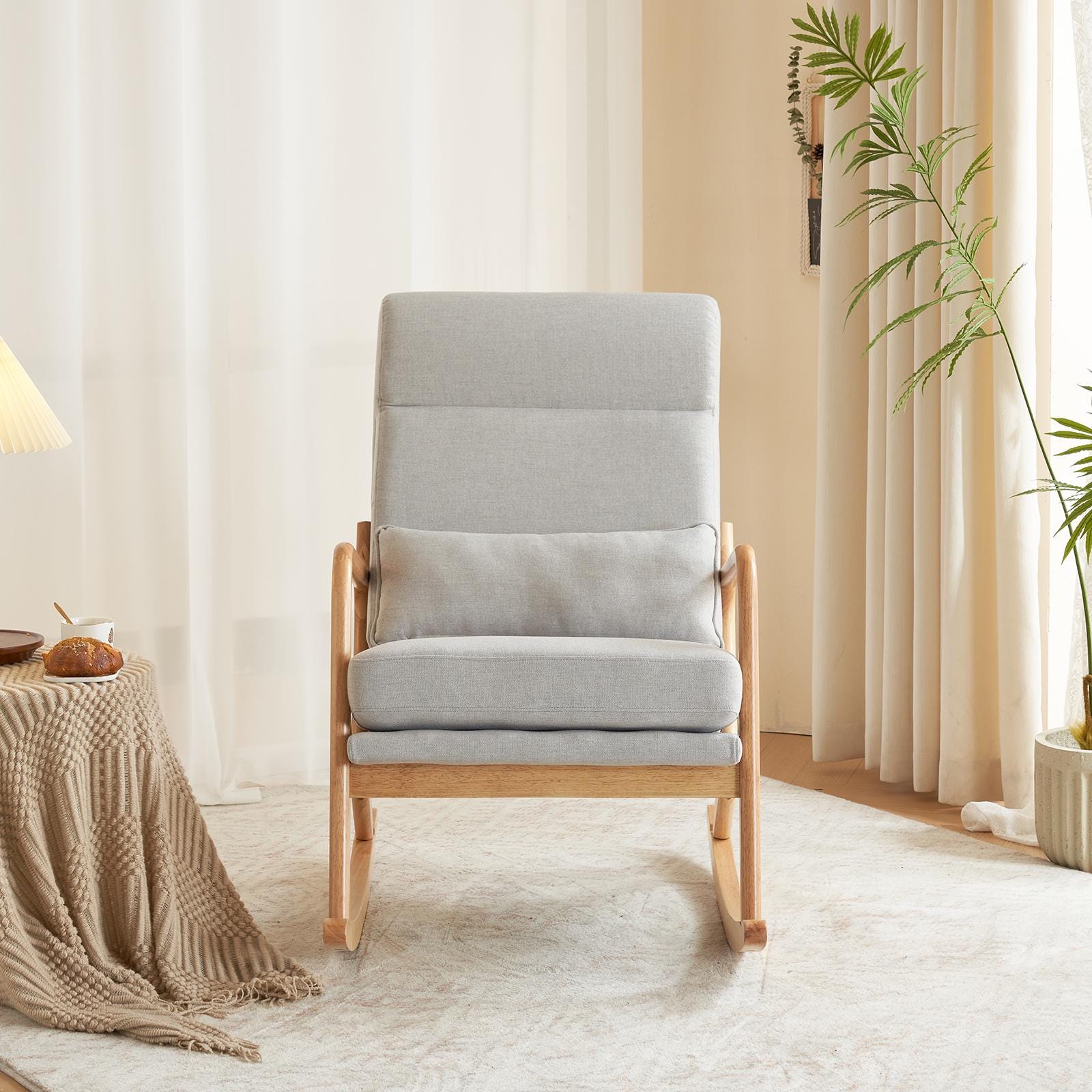 High Back Light Gray Rocking Chair with Solid Wood Armrest, Iron Frame, Linen Upholstered Seat, Dual-Use Indoor Armchair with Lumbar Pillow