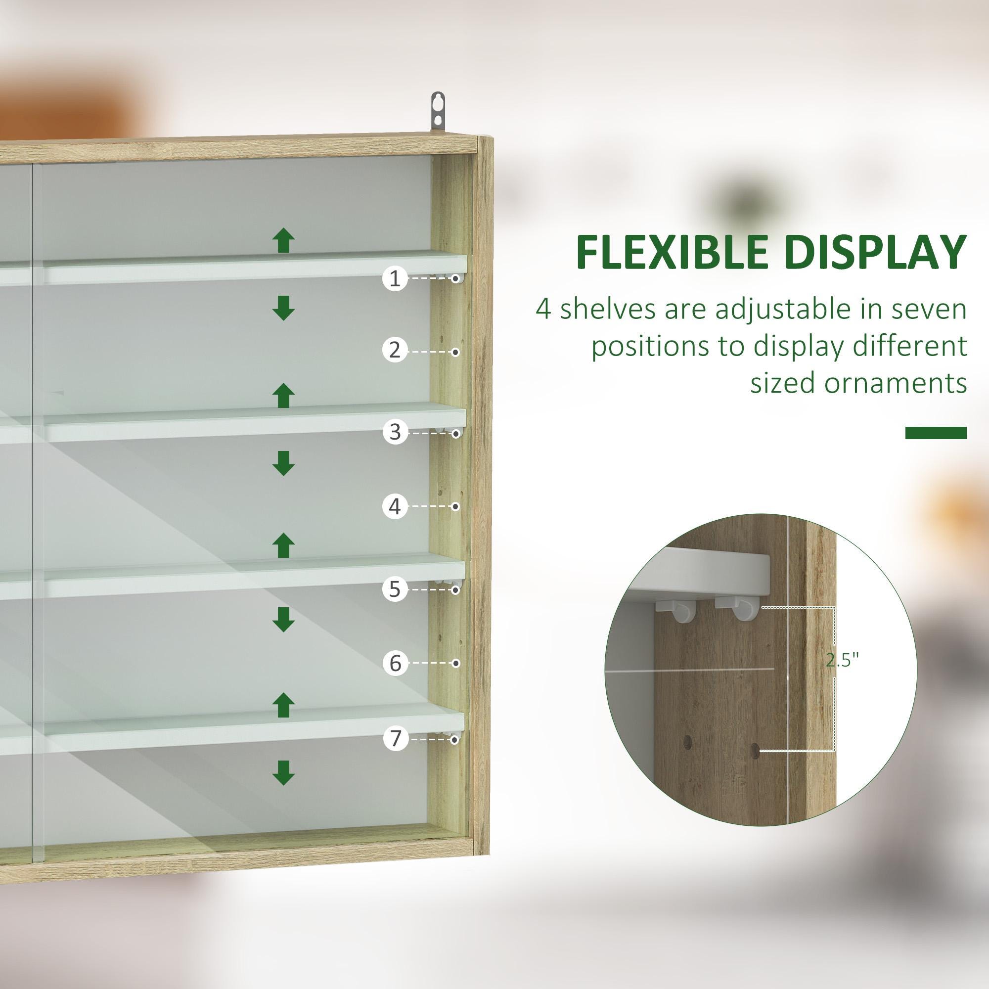 Wall Mounted Display Cabinet with Glass Doors | Modern Oak White Storage Shelf Organizer for Living Room Kitchen Collectibles