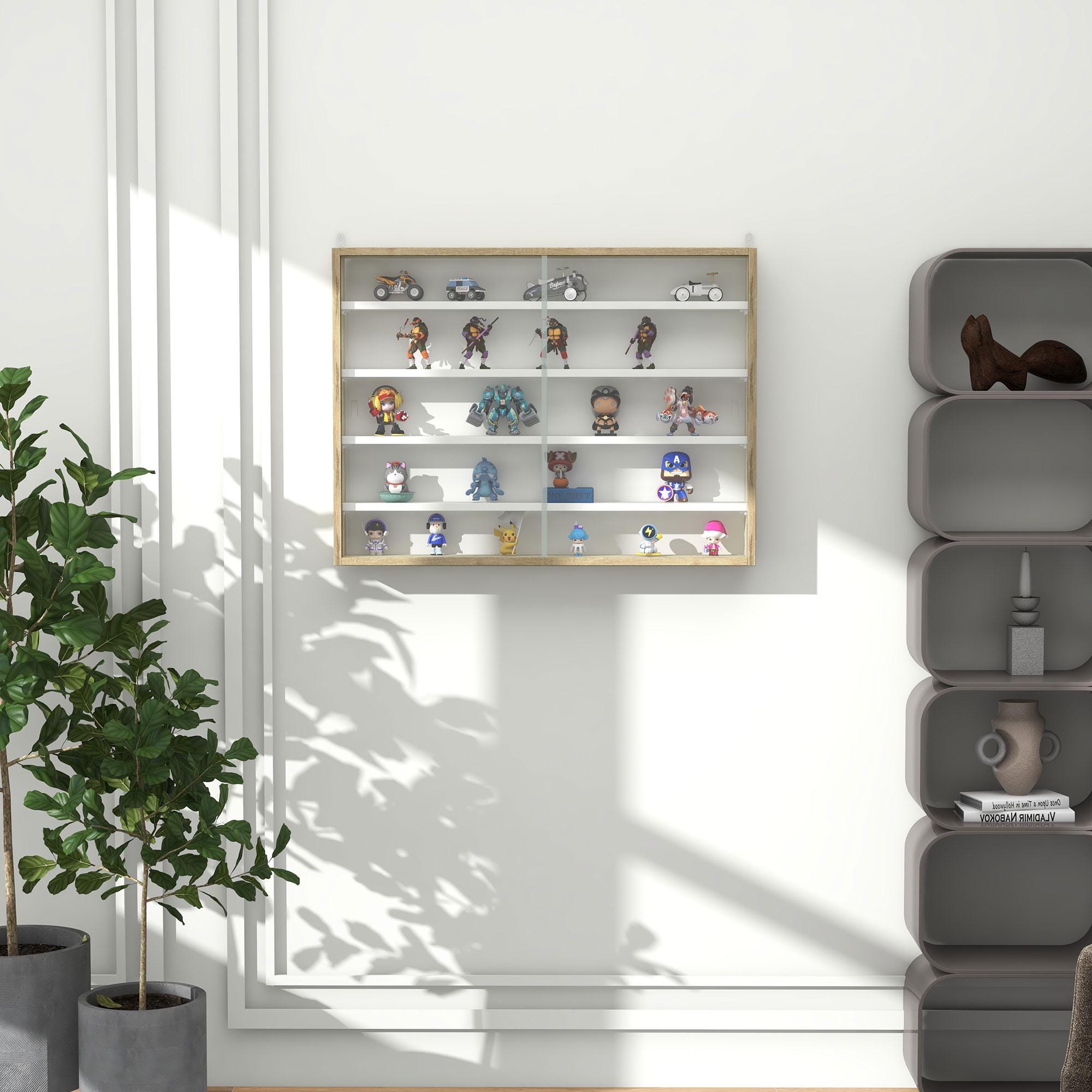 Wall Mounted Display Cabinet with Glass Doors | Modern Oak White Storage Shelf Organizer for Living Room Kitchen Collectibles