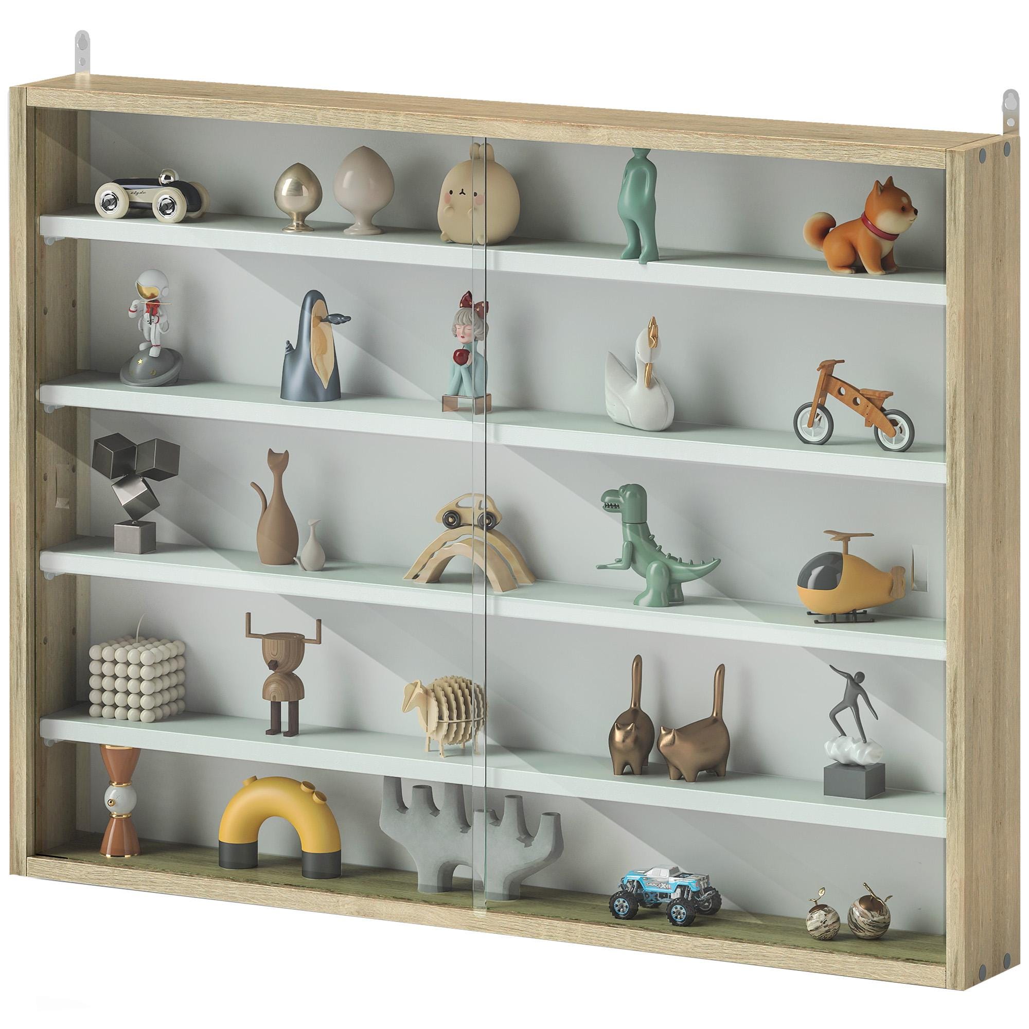 Wall Mounted Display Cabinet with Glass Doors | Modern Oak White Storage Shelf Organizer for Living Room Kitchen Collectibles