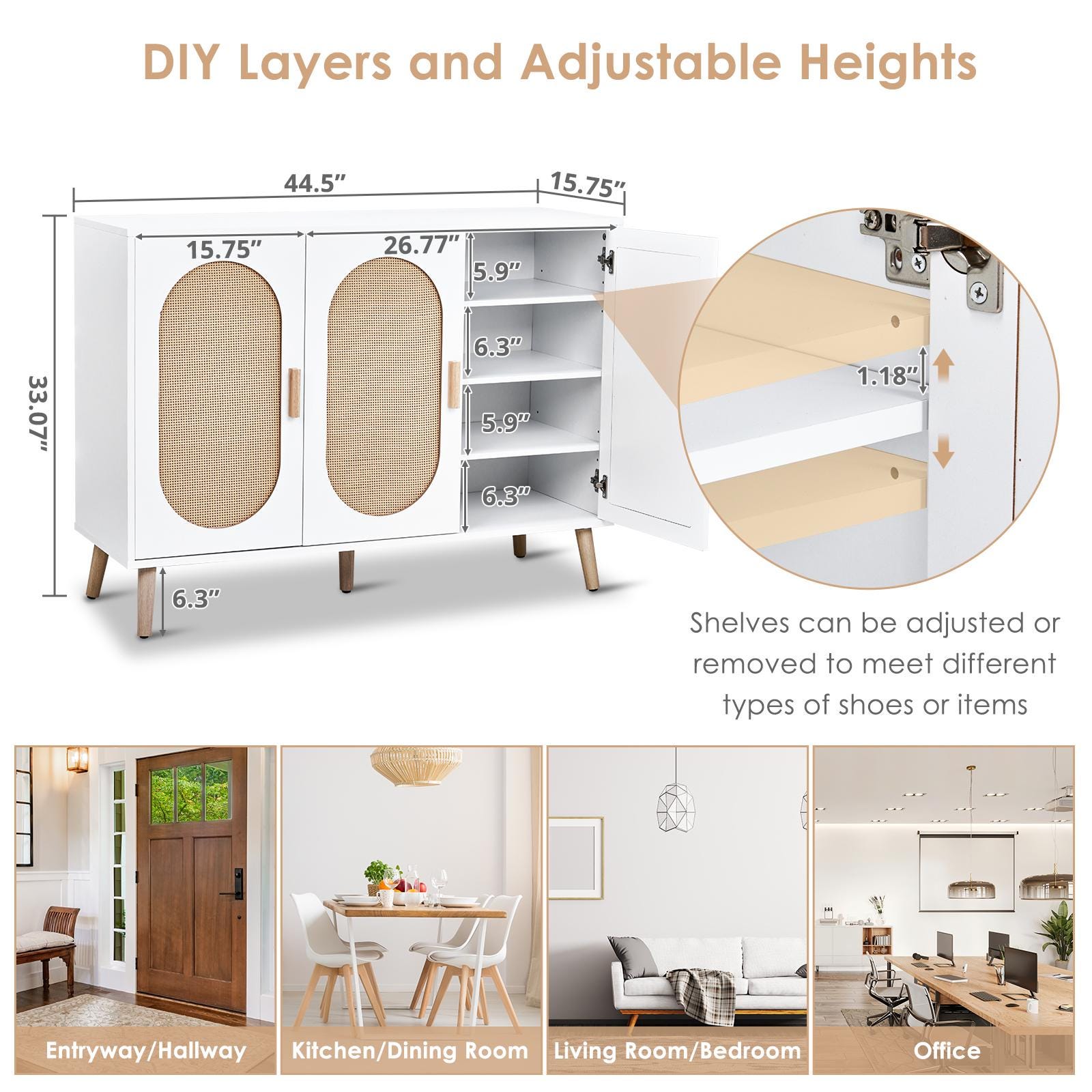 3-Door Vertical Shoe Cabinet with Rattan Finish & Gold Legs – Modern Entryway Organizer