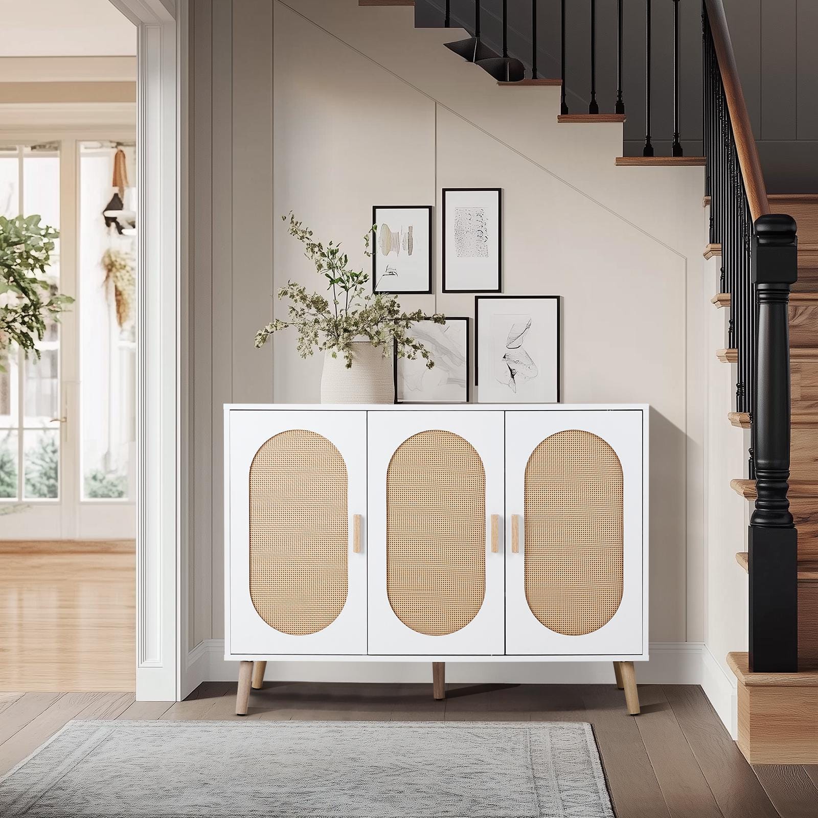 3-Door Vertical Shoe Cabinet with Rattan Finish & Gold Legs – Modern Entryway Organizer