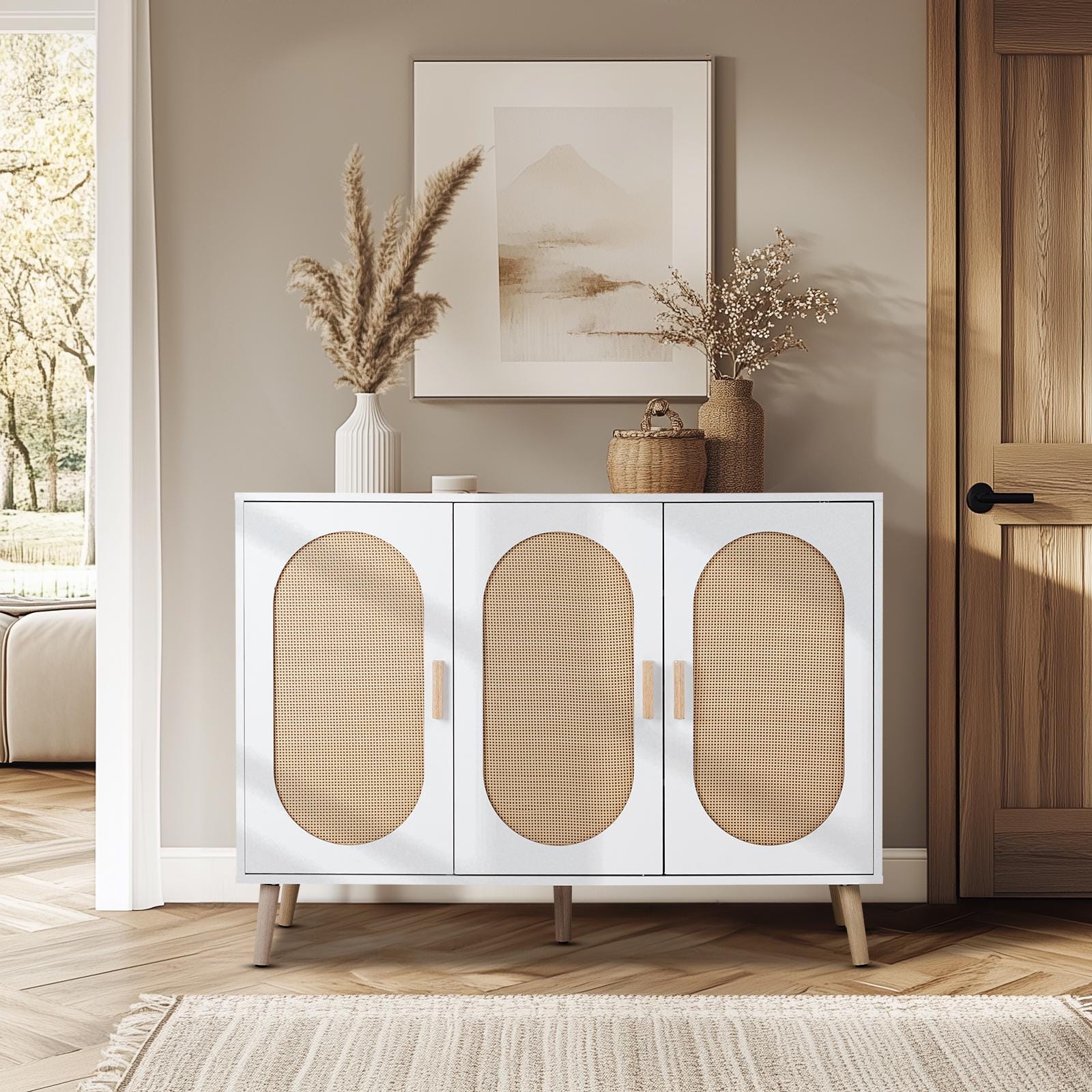 3-Door Vertical Shoe Cabinet with Rattan Finish & Gold Legs – Modern Entryway Organizer