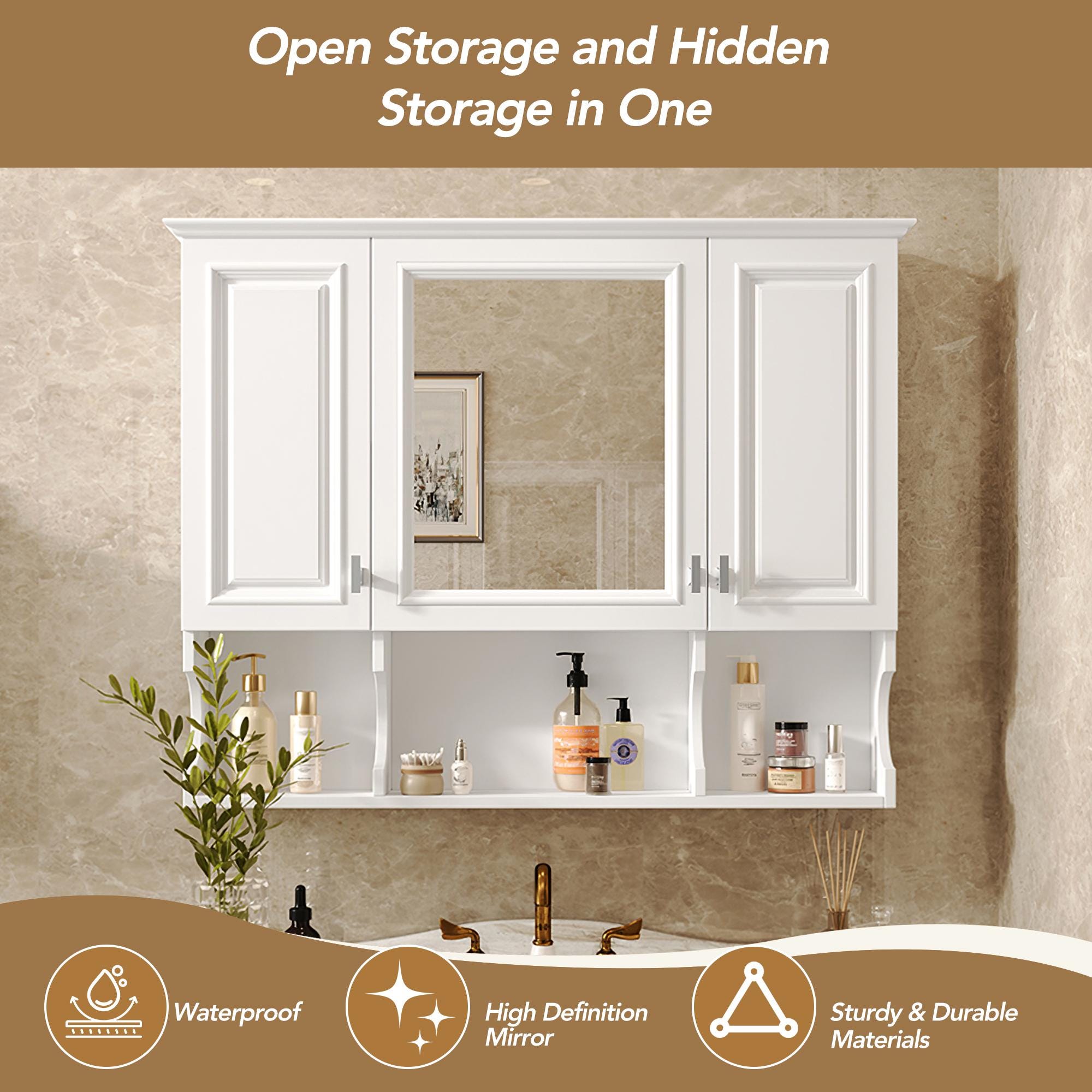 35x28 Wall Mounted Bathroom Medicine Cabinet with Mirror & Open Shelves | White MDF Modern Vanity Mirror Cabinet Storage Organizer