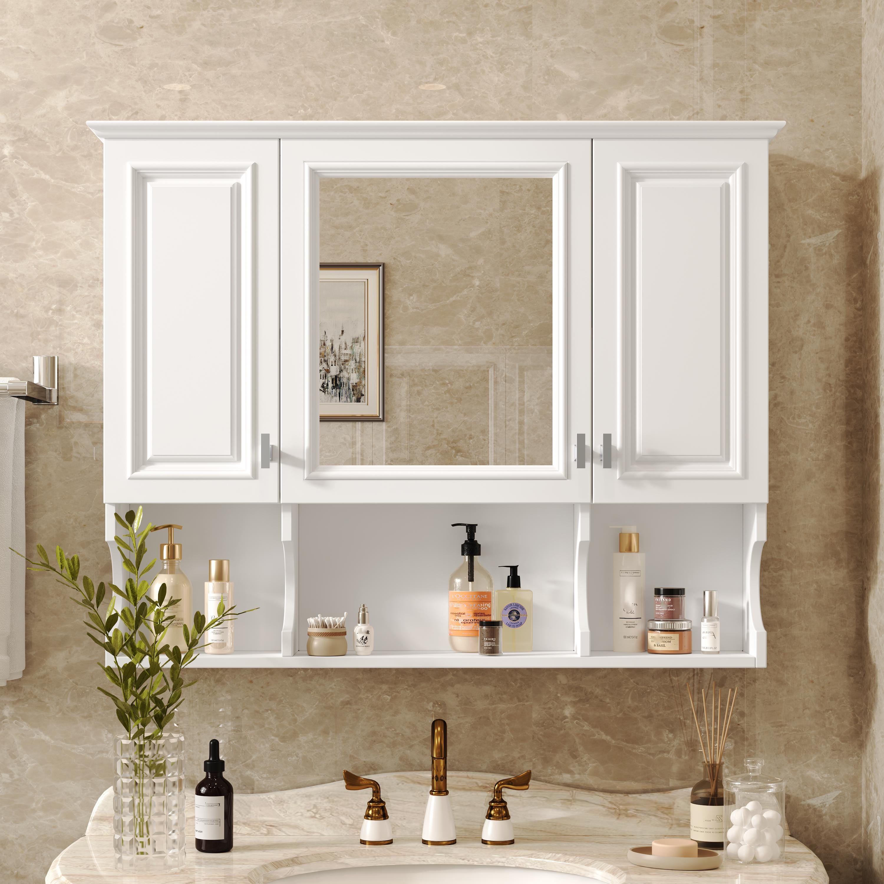 35x28 Wall Mounted Bathroom Medicine Cabinet with Mirror & Open Shelves | White MDF Modern Vanity Mirror Cabinet Storage Organizer