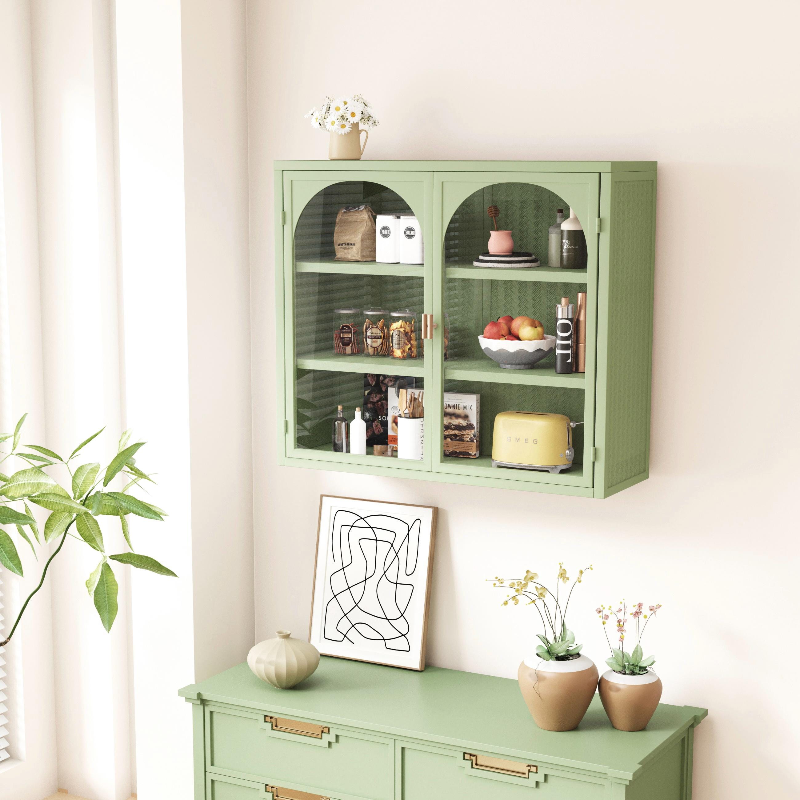 27.56" Two-Door Wall Cabinet with Glass Doors & Woven Pattern | Modern Three-Tier Storage for Entryway Living Room Bathroom Green