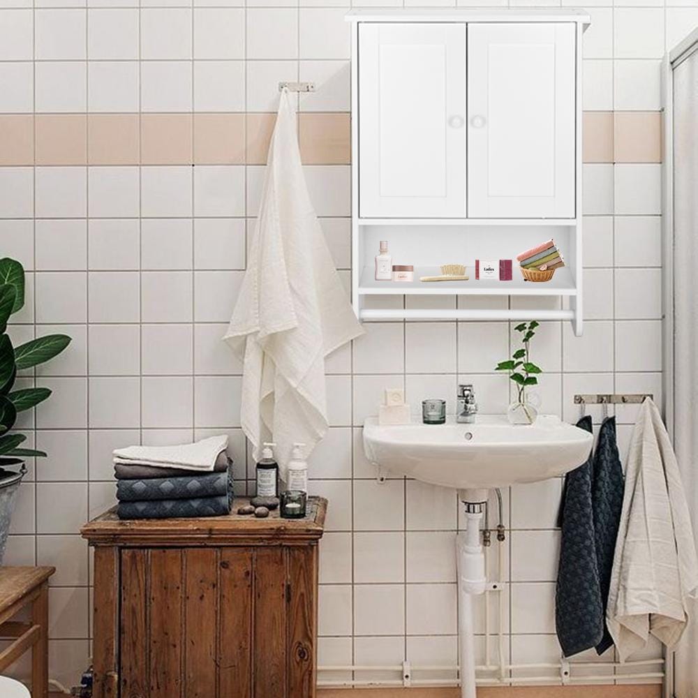 White Wall Hanging Bathroom Cabinet 65x48cm | Two-Door MDF Wall Storage Shelf with Open Space for Washroom or Bedroom Organization