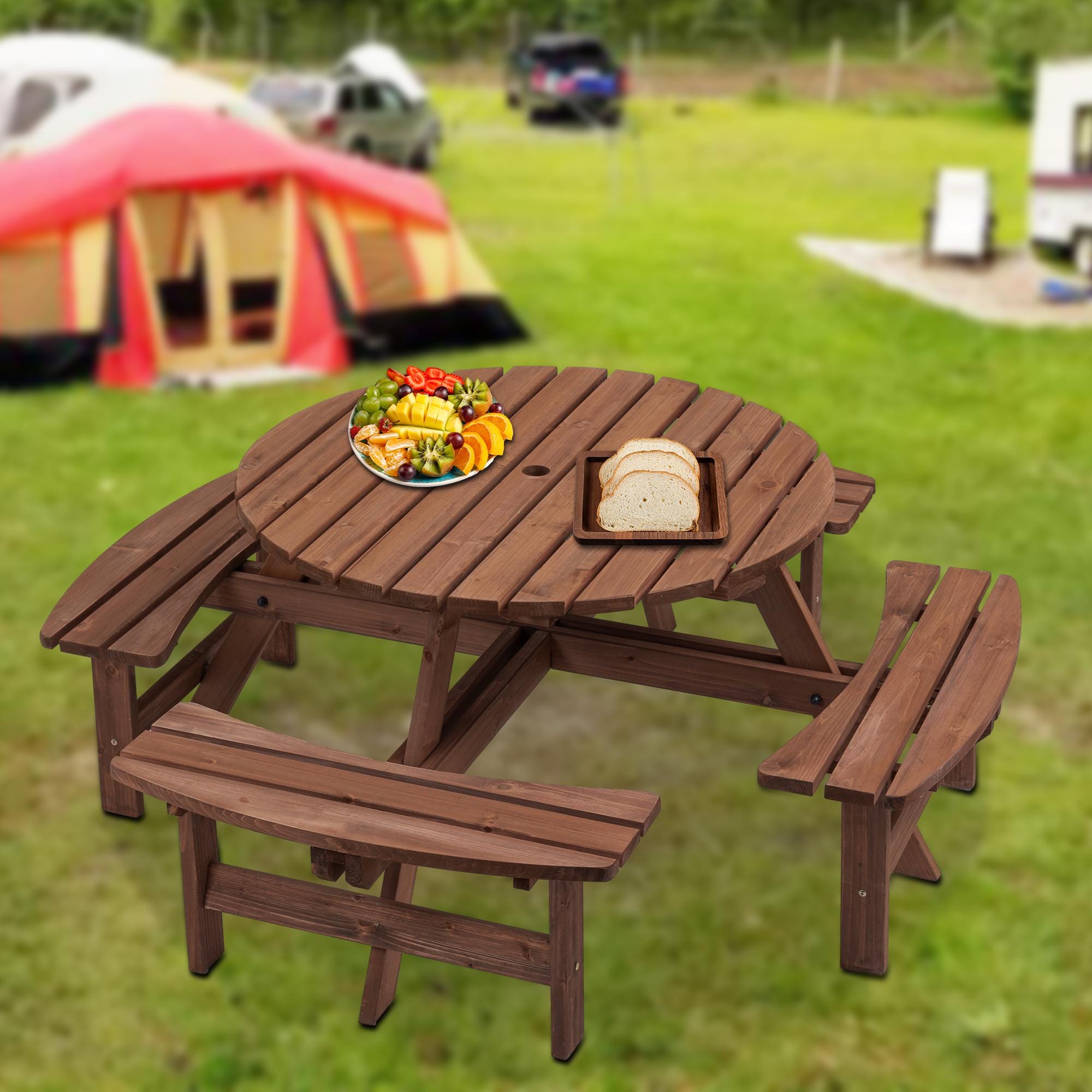 8-Person Outdoor Circular Wooden Picnic Table with 4 Built-In Benches | Patio Backyard Garden Dining Table Brown