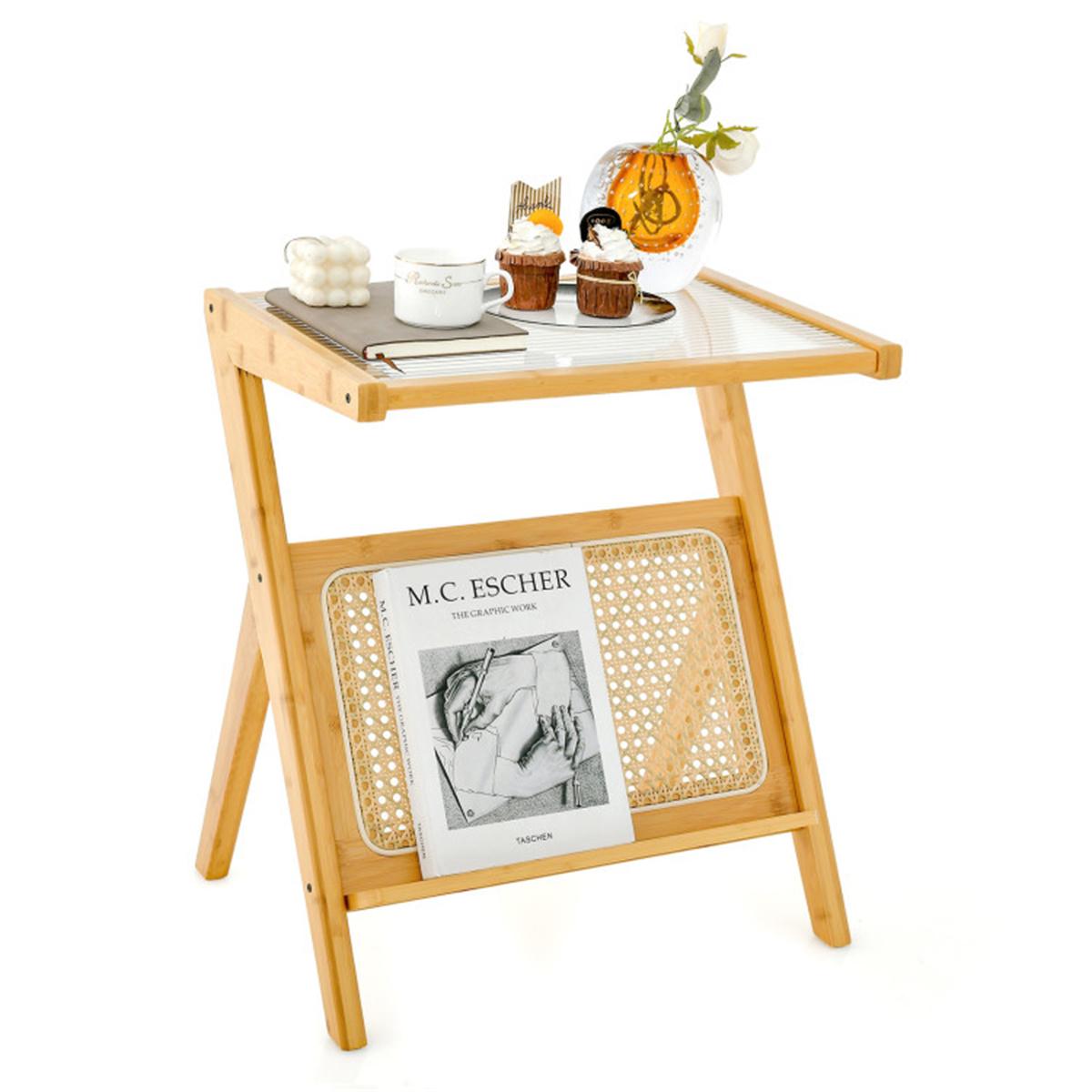 Modern Bamboo Z-Shape Side Table with Glass Top & Rattan Shelf | Small Sofa End Table | Boho Bedside Nightstand for Living Room