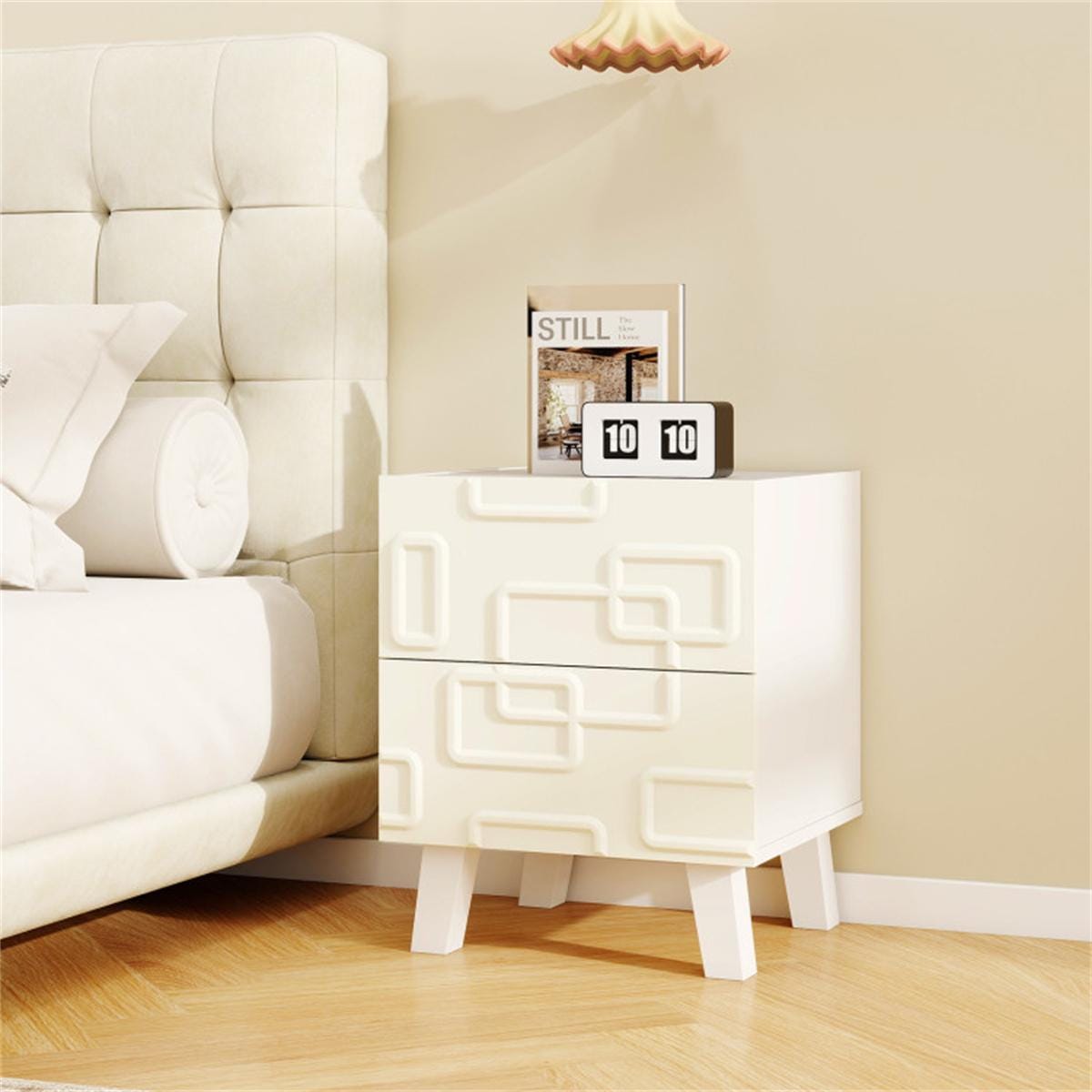 White Modern Nightstand with 2 Drawers | Geometric Bedroom Side Table | Minimalist Bedside Table for Living Room & Home Decor